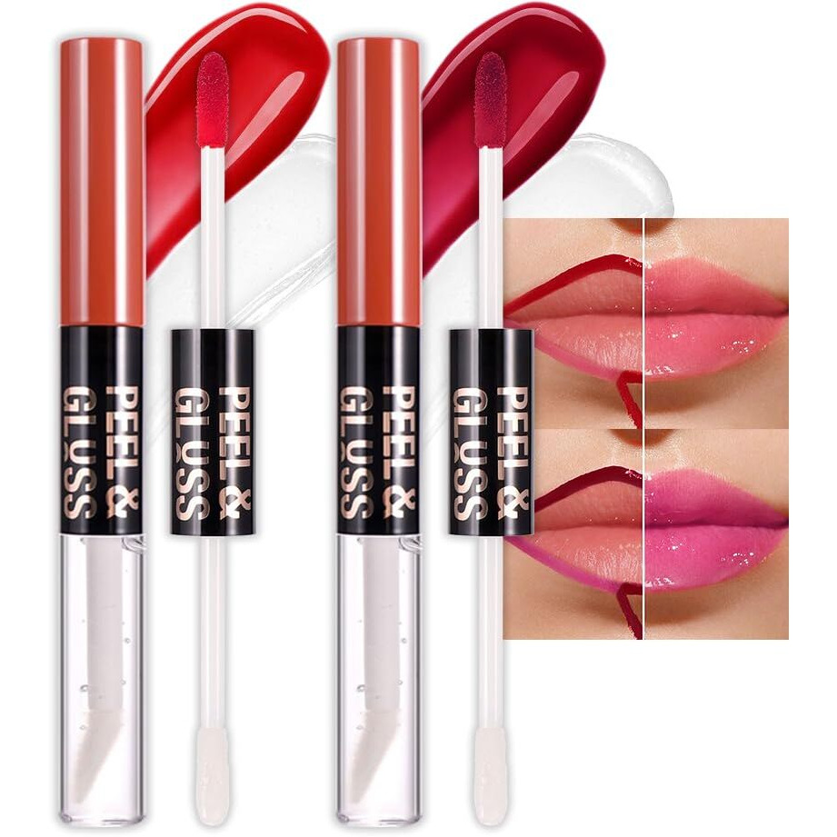 Juaazin 2Pcs Lip Stain Peel Off Lip Gloss Oil Dual-Ended Combo, Lips Liner Stain Peel Off Masque, Long Lasting & Waterproof, Transfer-Proof Lip Tint Stain With Lip Oil For All Skin Type 02+03