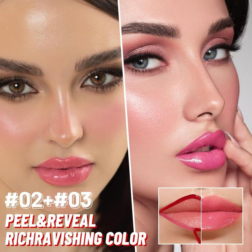 Juaazin 2Pcs Lip Stain Peel Off Lip Gloss Oil Dual-Ended Combo, Lips Liner Stain Peel Off Masque, Long Lasting & Waterproof, Transfer-Proof Lip Tint Stain With Lip Oil For All Skin Type 02+03