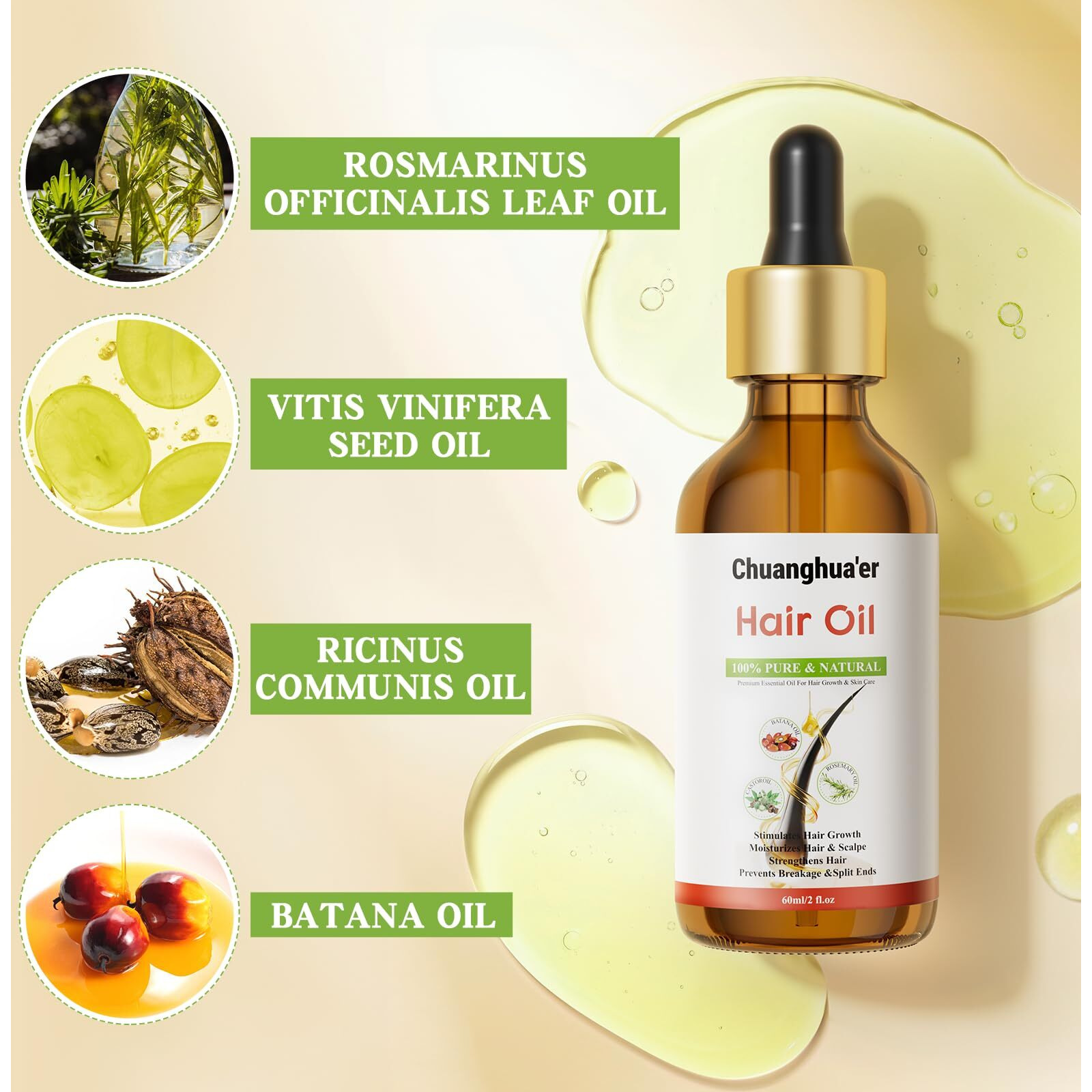 Chuanghua'Er Rosemary Hair Oil For Growth With Castor Oil, Batana Oil, Peppermint Oil, To Promote Hair Growth - Enhances Hair Thickness And Prevents Hair Loss In Men And Women