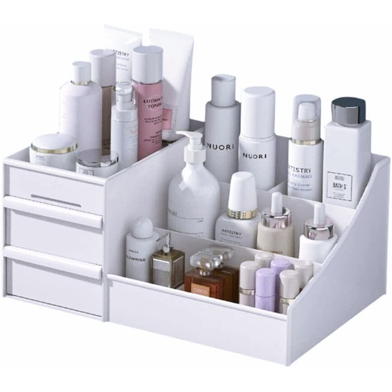 Makeup Desk Organizer With Drawers, Countertop Organizer For Cosmetics, Vanity Holder For Lipstick, Brushes, Lotions, Eyeshadow, Nail Polish And Jewelry (White)