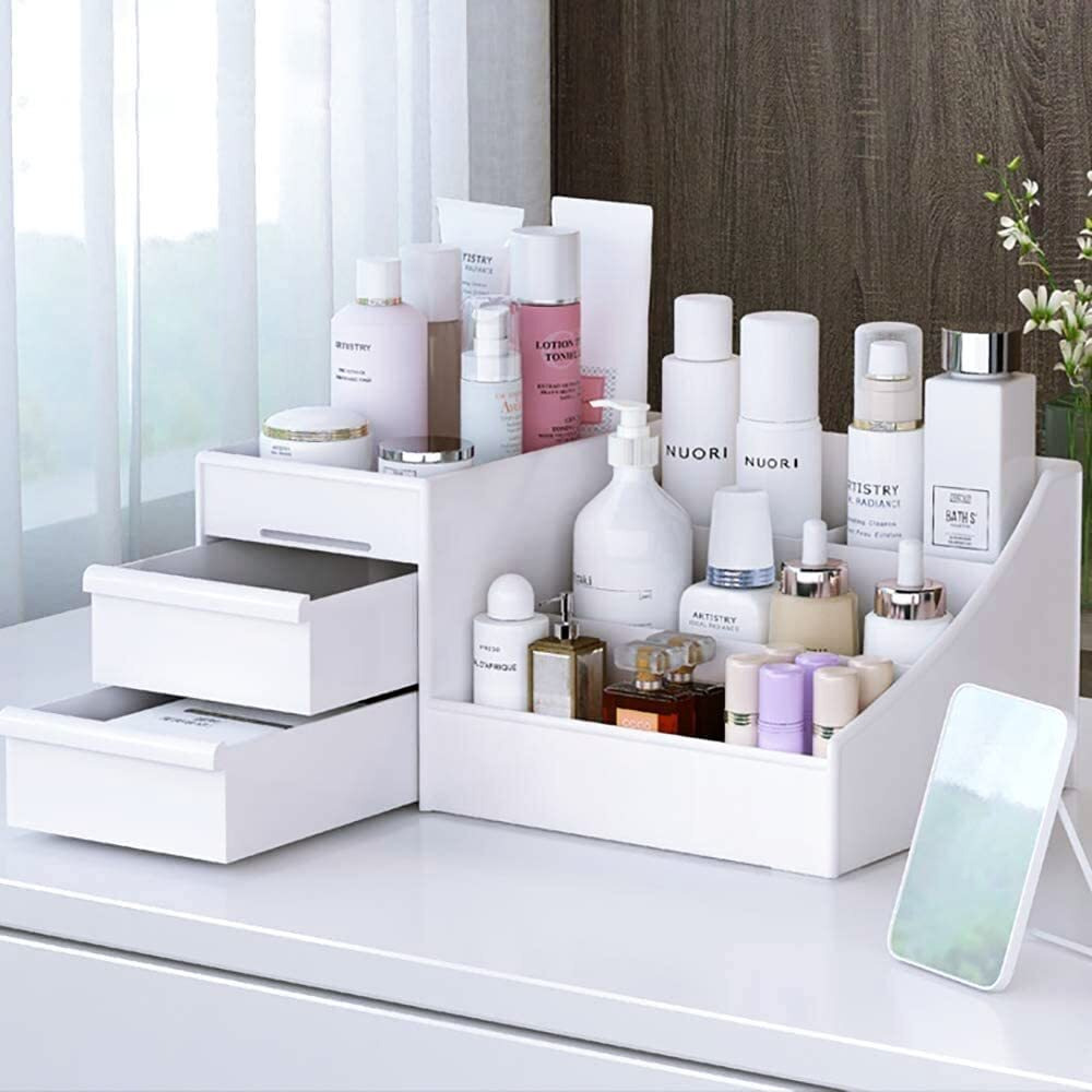 Makeup Desk Organizer With Drawers, Countertop Organizer For Cosmetics, Vanity Holder For Lipstick, Brushes, Lotions, Eyeshadow, Nail Polish And Jewelry (White)