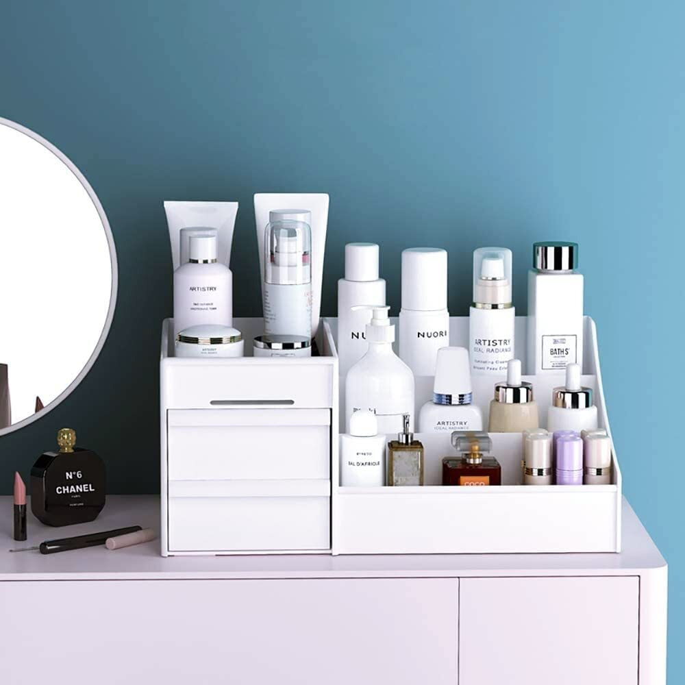 Makeup Desk Organizer With Drawers, Countertop Organizer For Cosmetics, Vanity Holder For Lipstick, Brushes, Lotions, Eyeshadow, Nail Polish And Jewelry (White)