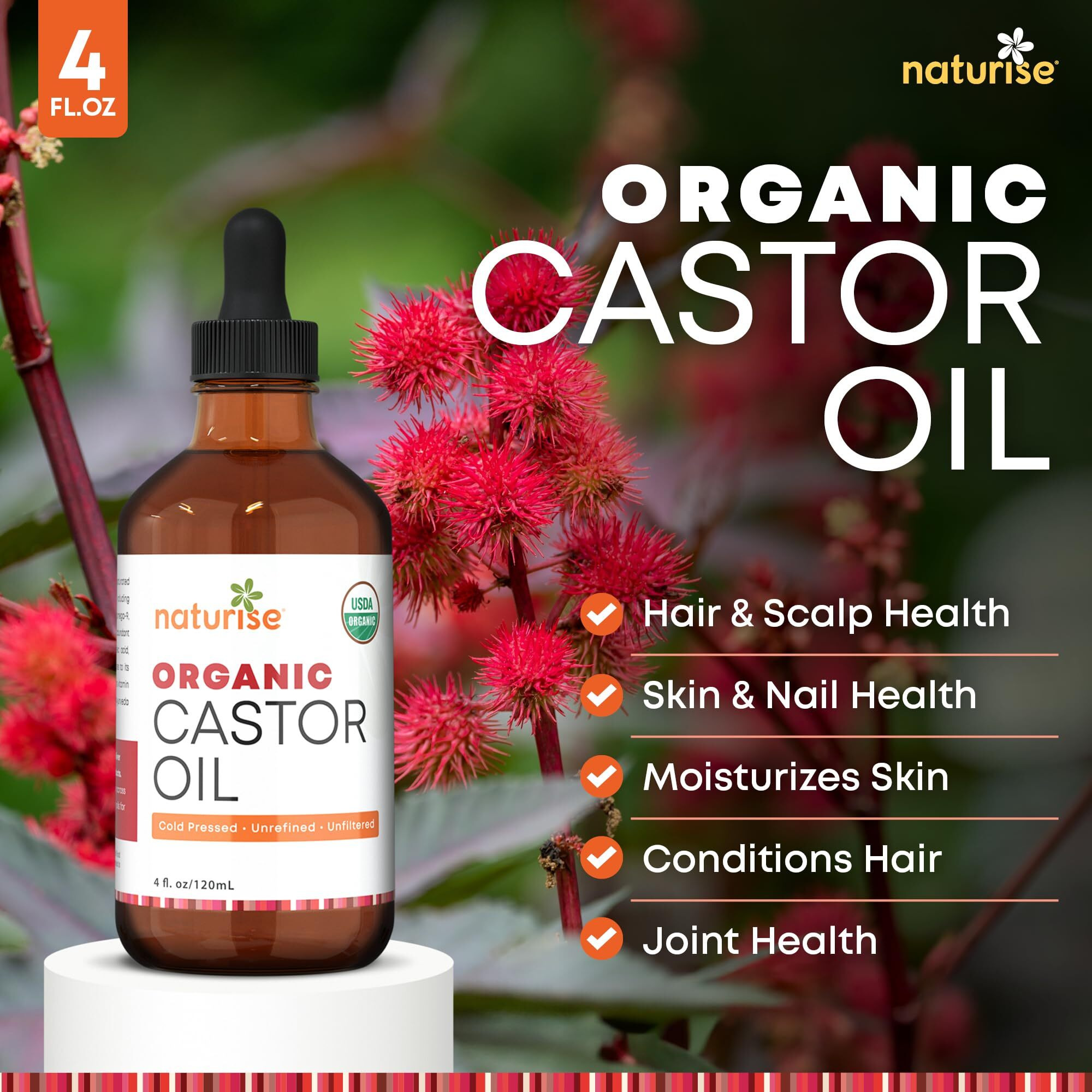 Naturise Usda Organic Castor Oil For Hair Growth - Pure Castor Oil Organic Cold Pressed & Unrefined In Glass Bottle - Vegan, Non-Gmo Oils For Eyelash, Eyebrow, Hair, Skin & Face Support (4 Fl Oz)