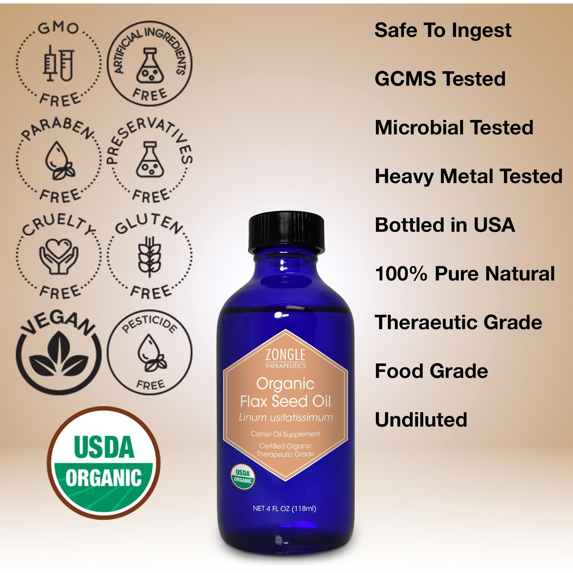 Organic, Flaxseed Oil, Liquid, Supplement, For Cooking, Hair - 100% Pure, Flaxseed Oil, By Zongle Therapeutics, 4 Oz