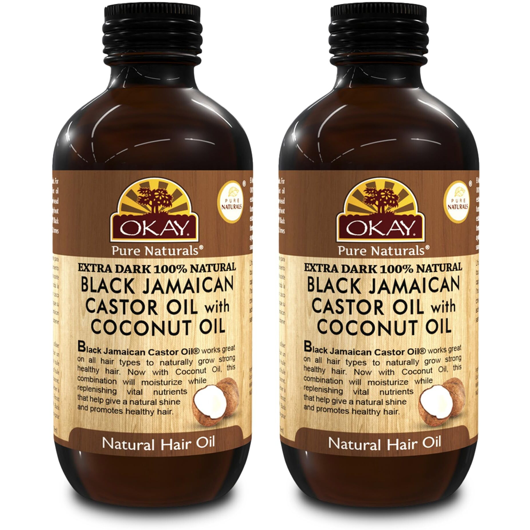 Okay Pure Naturals 100% Pure Black Jamaican Castor Oil With Coconut Oil - Castor Oil For Hair Growth For Men & Women, Moisture For Skin, Scalp, Eyelashes, Eyebrows - 4 Oz Glass Bottle (2 Pack)