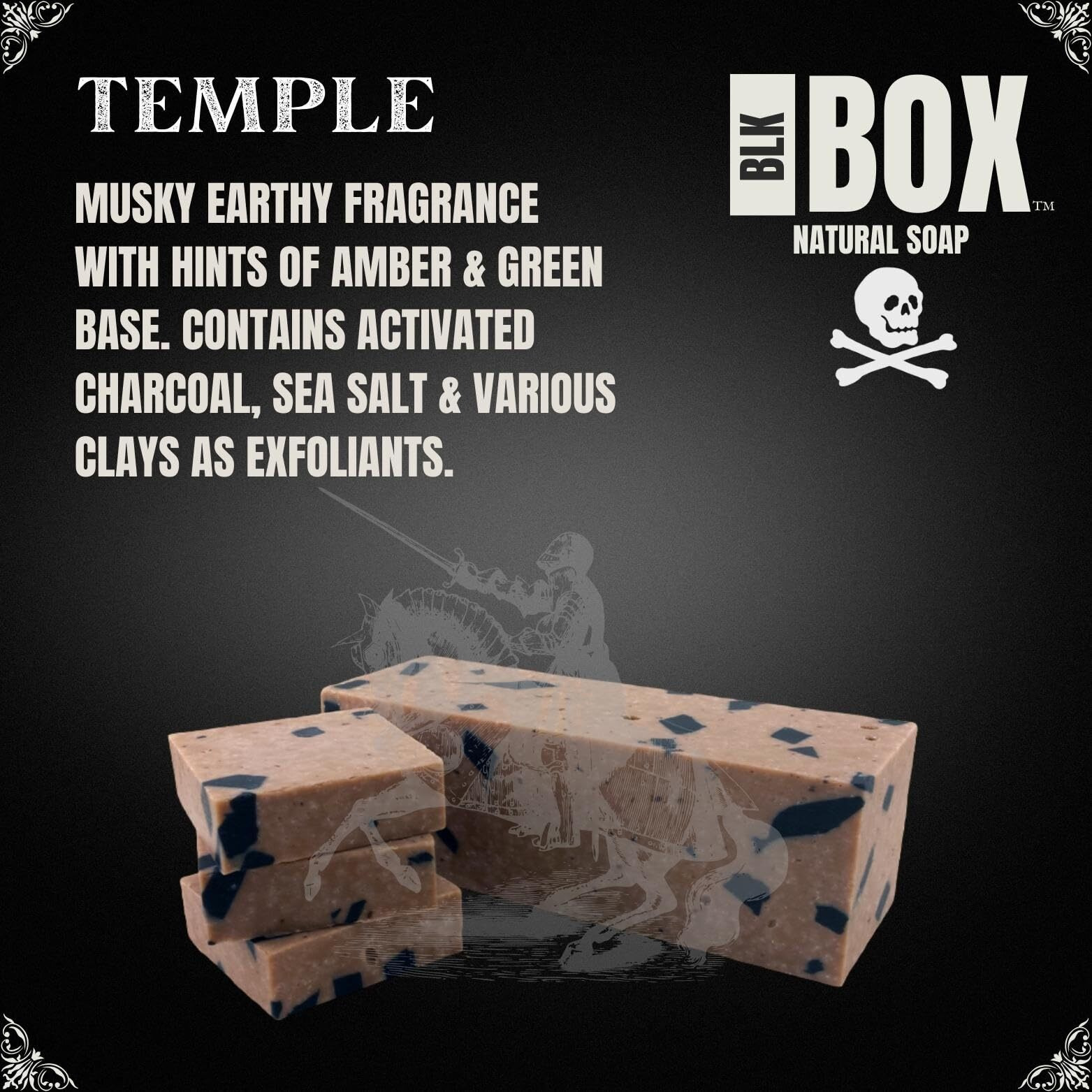 Black Box Usa Made 5Oz Men's Natural Bar Soap Made From Natural Oils - Handmade Cold Process Soap No Harsh Chemicals - Earthy Basil Musk, Activated Charcoal & Amber (Temple)