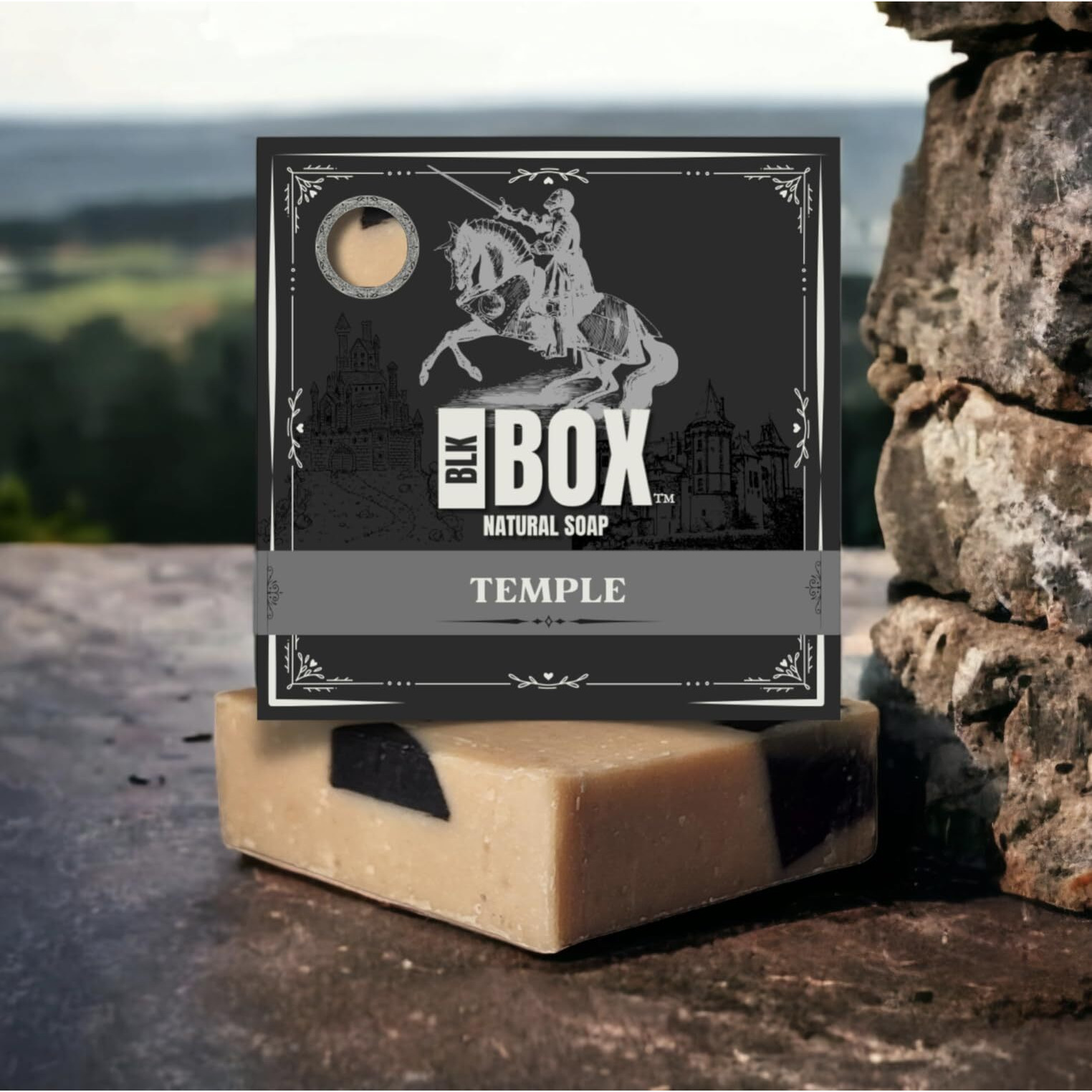 Black Box Usa Made 5Oz Men's Natural Bar Soap Made From Natural Oils - Handmade Cold Process Soap No Harsh Chemicals - Earthy Basil Musk, Activated Charcoal & Amber (Temple)