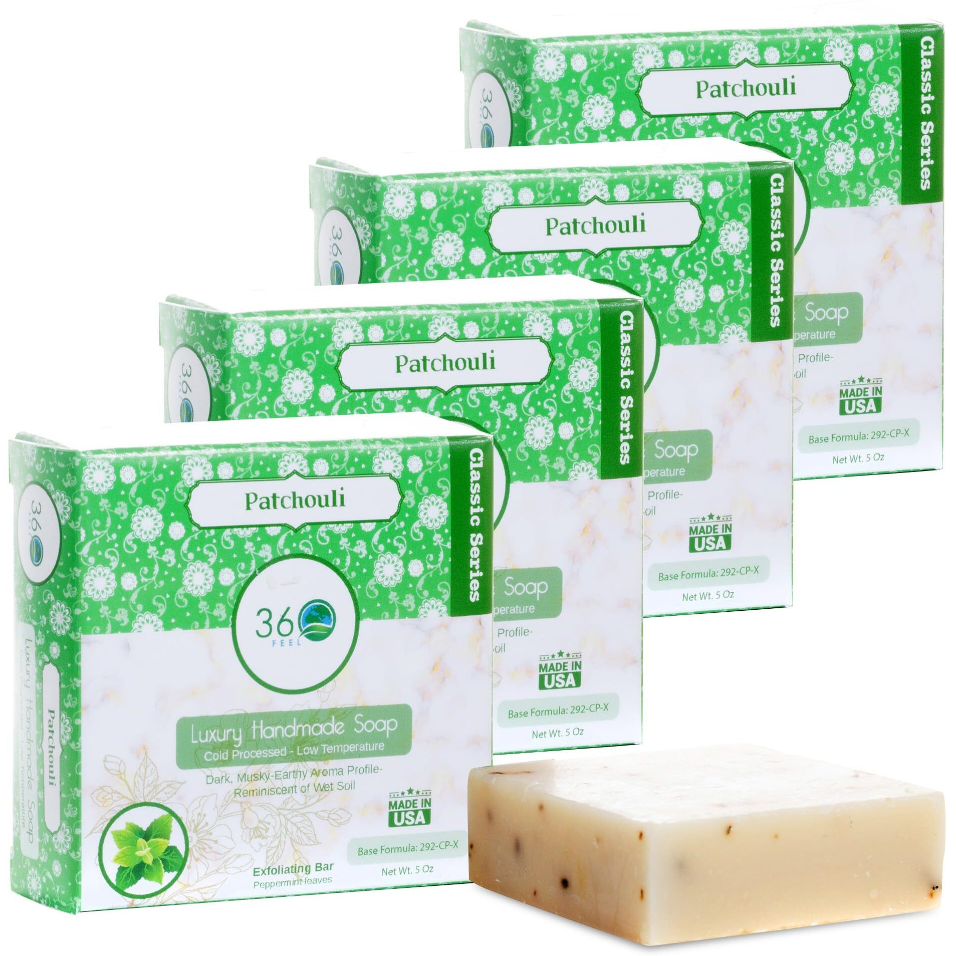 360Feel Patchouli Soap - Handcrafted Castile Patchouli Soap Bar With Soothing Scent - Handmade With Essential Oils - A Gift For Anniversaries, Weddings, And Holiday Stockings - Rich Lather - 4 Pack