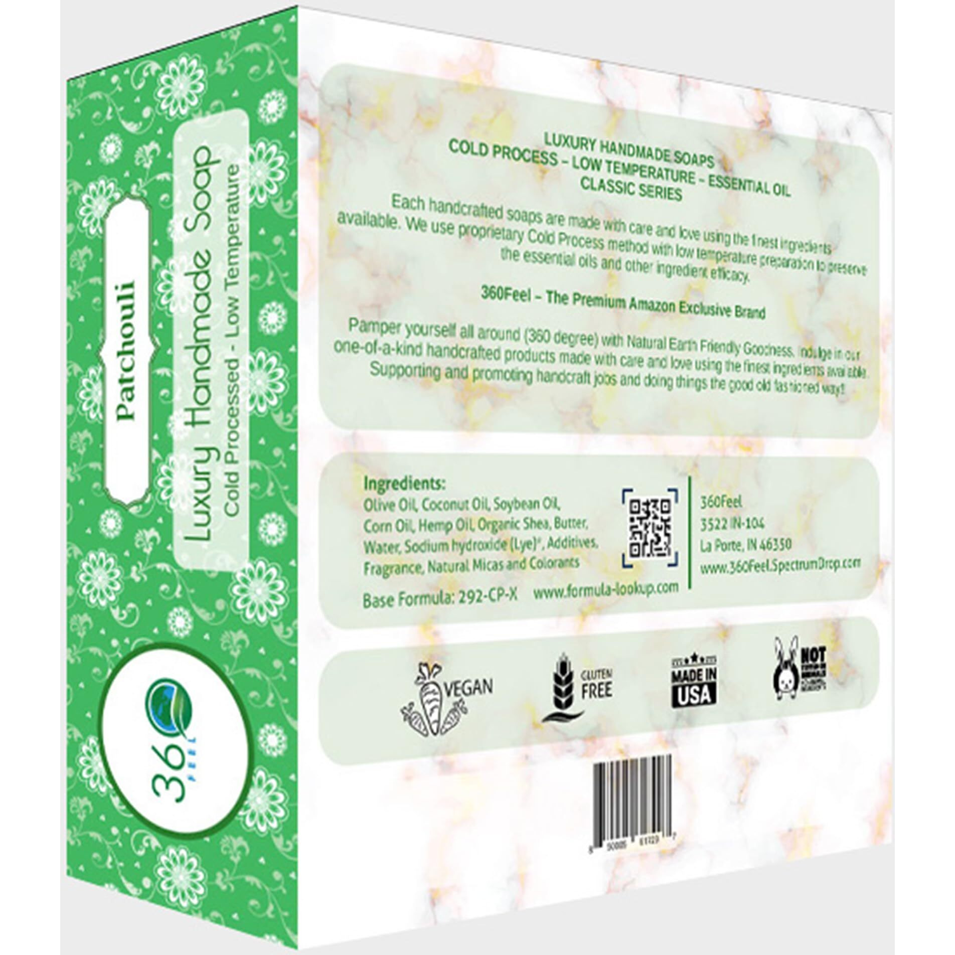 360Feel Patchouli Soap - Handcrafted Castile Patchouli Soap Bar With Soothing Scent - Handmade With Essential Oils - A Gift For Anniversaries, Weddings, And Holiday Stockings - Rich Lather - 4 Pack
