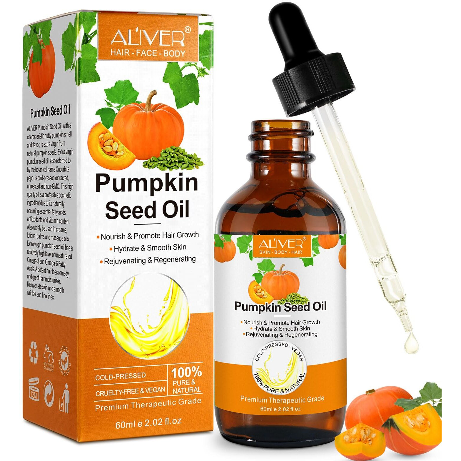 Pumpkin Seed Oil, Pumpkin Seed Oil For Hair Growth, Pure Cold Pressed Pumpkin Seed Oil For Dry Damaged Hair Growth, Hydrating, Scalp Moisturizer, Nourishment - 60Ml