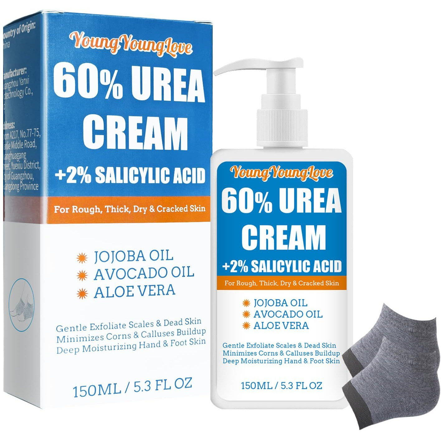Urea Cream 60% - Urea Foot Cream With Moisturizing Heel Socks For Dry Cracked Hands Heels, 60 Percent For Feet Maximum Strength With 2% Salicylic Acid, Jojoba Oil, Aloe Vera, 5.31Oz (Blue, 5.3Oz)