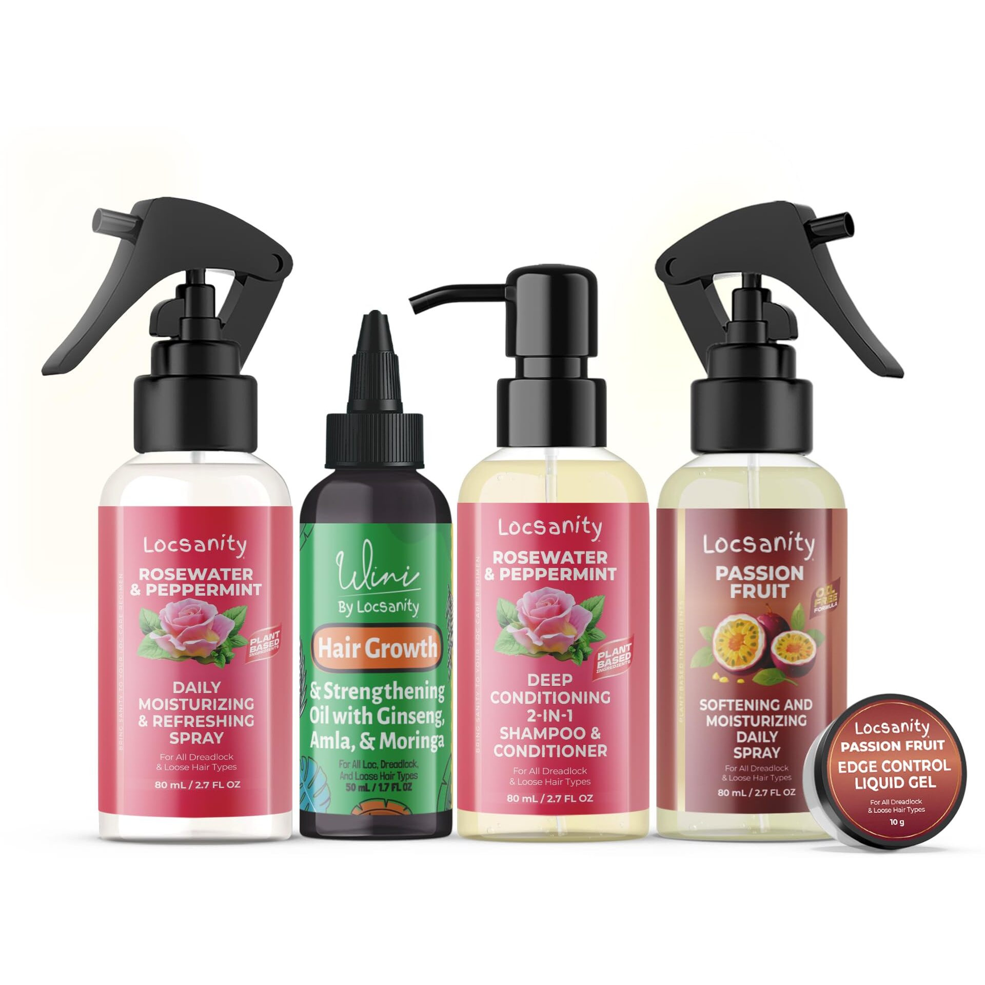 Locsanity Organic Teen Locs Essentials Kit - Moisturizing 2-In-1 Shampoo & Conditioner, Passion Fruit Spray, Hair Oil, Rosewater Peppermint Tightening Gel, Liquid Edge Gel For Smooth, Fresh Hair