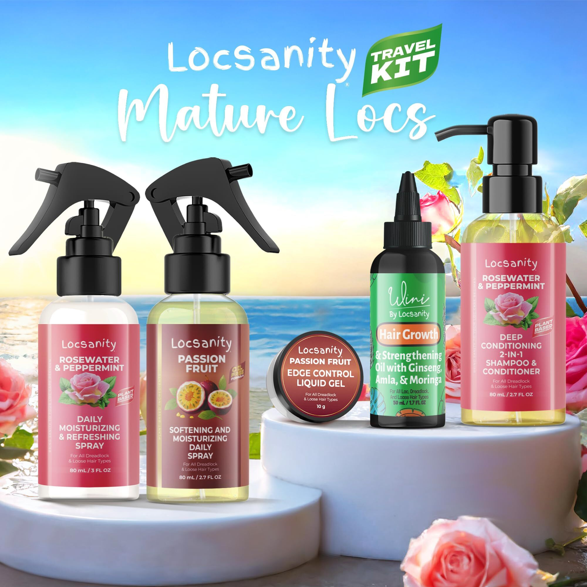 Locsanity Organic Teen Locs Essentials Kit - Moisturizing 2-In-1 Shampoo & Conditioner, Passion Fruit Spray, Hair Oil, Rosewater Peppermint Tightening Gel, Liquid Edge Gel For Smooth, Fresh Hair