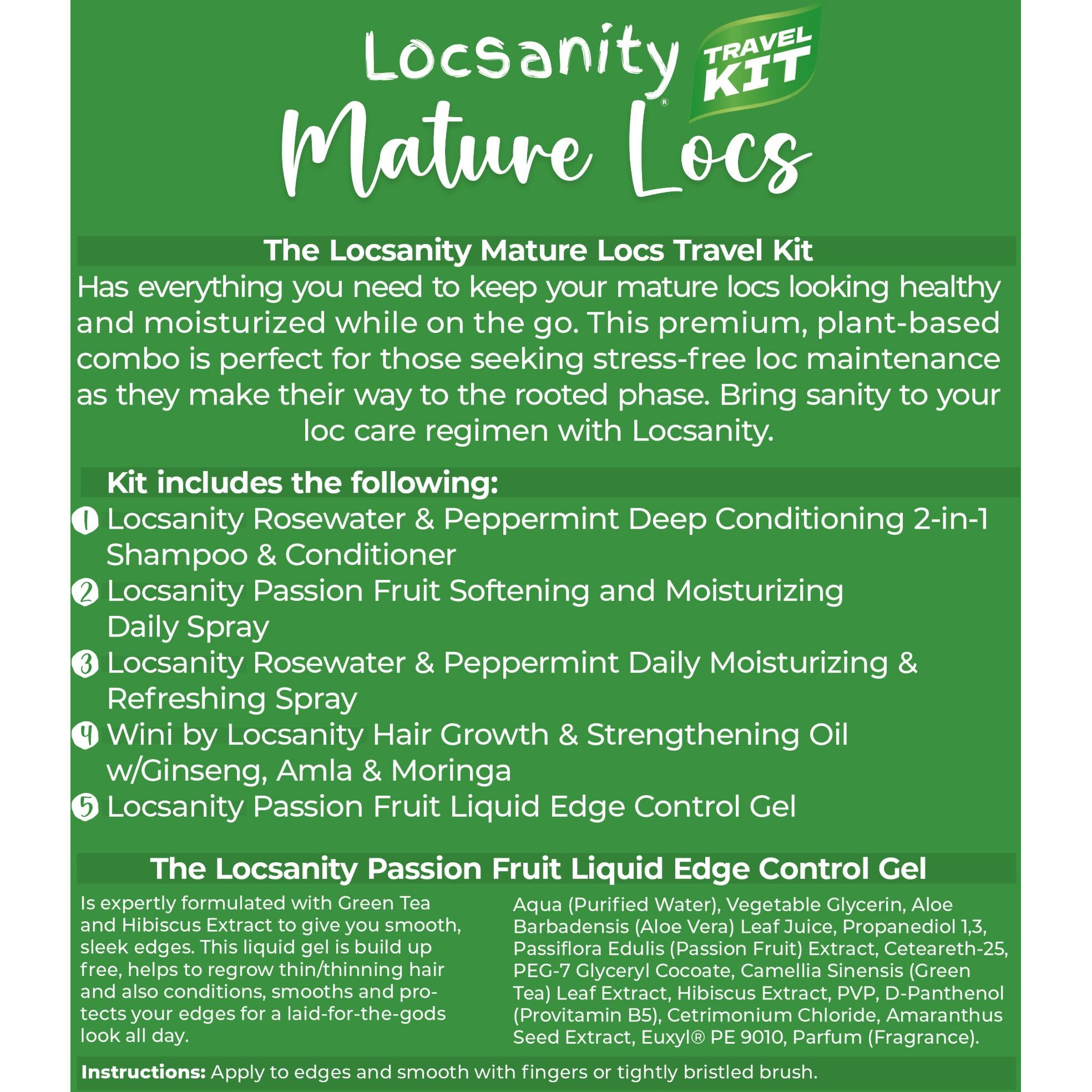 Locsanity Organic Teen Locs Essentials Kit - Moisturizing 2-In-1 Shampoo & Conditioner, Passion Fruit Spray, Hair Oil, Rosewater Peppermint Tightening Gel, Liquid Edge Gel For Smooth, Fresh Hair