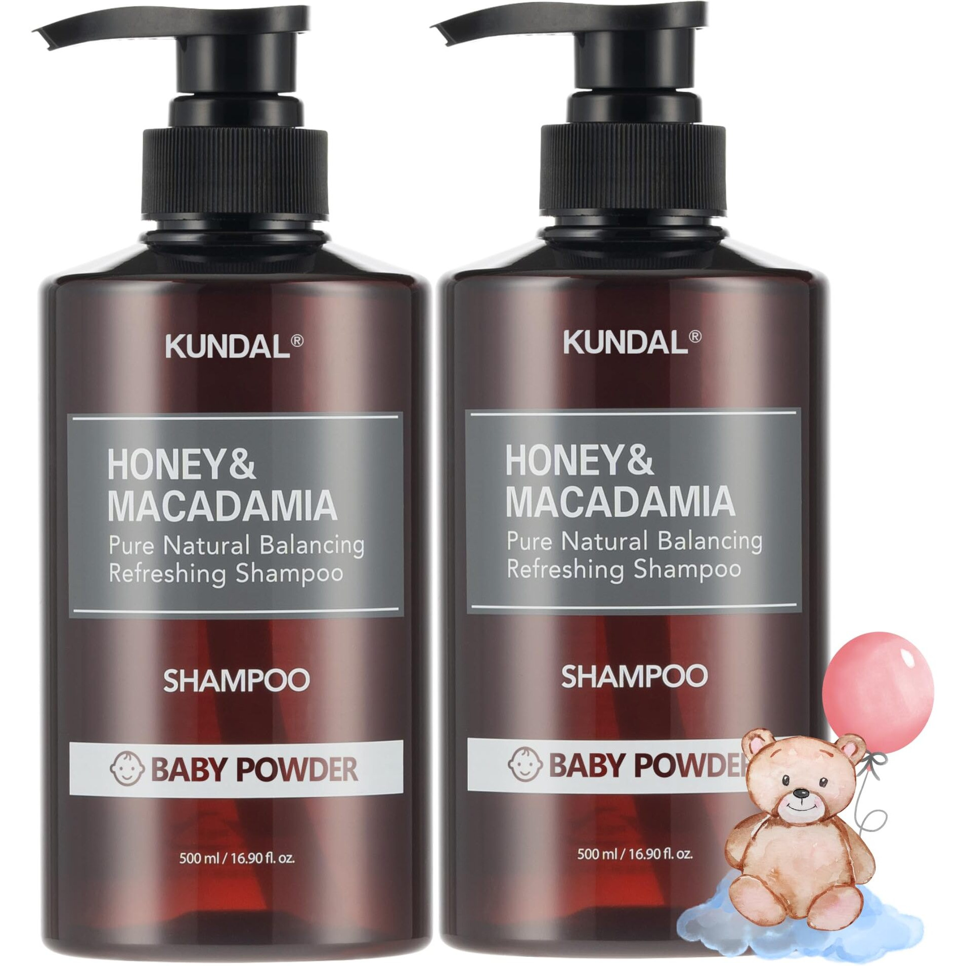 Kundal Honey & Macadamia Natural Shampoo, Korean Hair Care Shampoo Damage Repair Strengthen, With Honey, Argan Oil, Macadamia Oil, Free Paraben & Sulfate 16.9 Fl Oz (Pack Of 2) (Baby Powder)