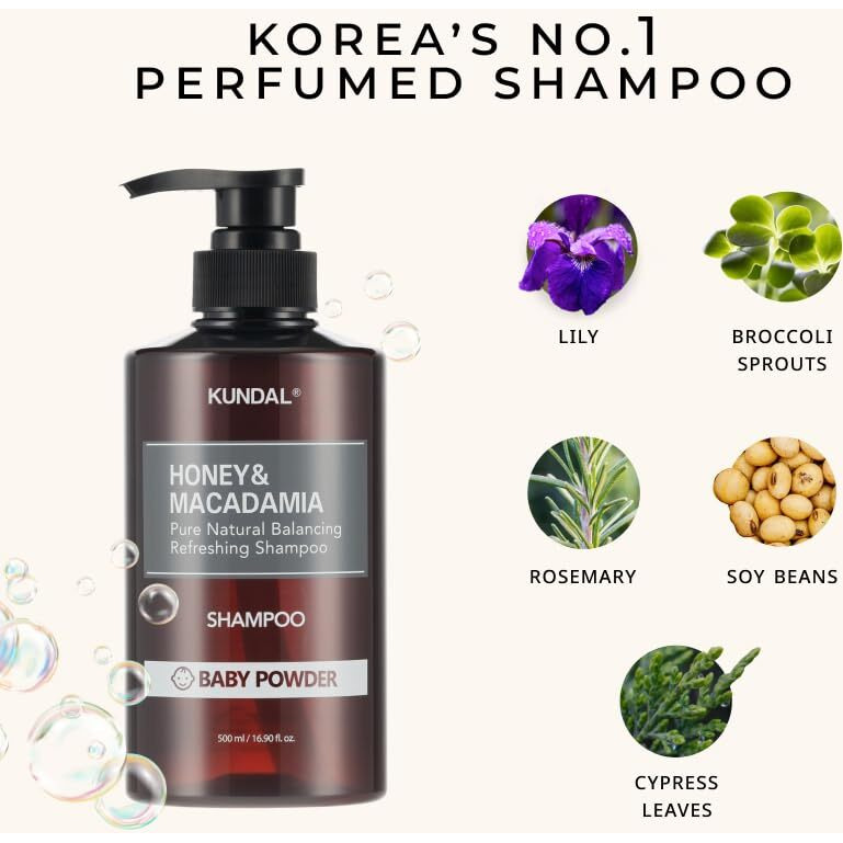 Kundal Honey & Macadamia Natural Shampoo, Korean Hair Care Shampoo Damage Repair Strengthen, With Honey, Argan Oil, Macadamia Oil, Free Paraben & Sulfate 16.9 Fl Oz (Pack Of 2) (Baby Powder)