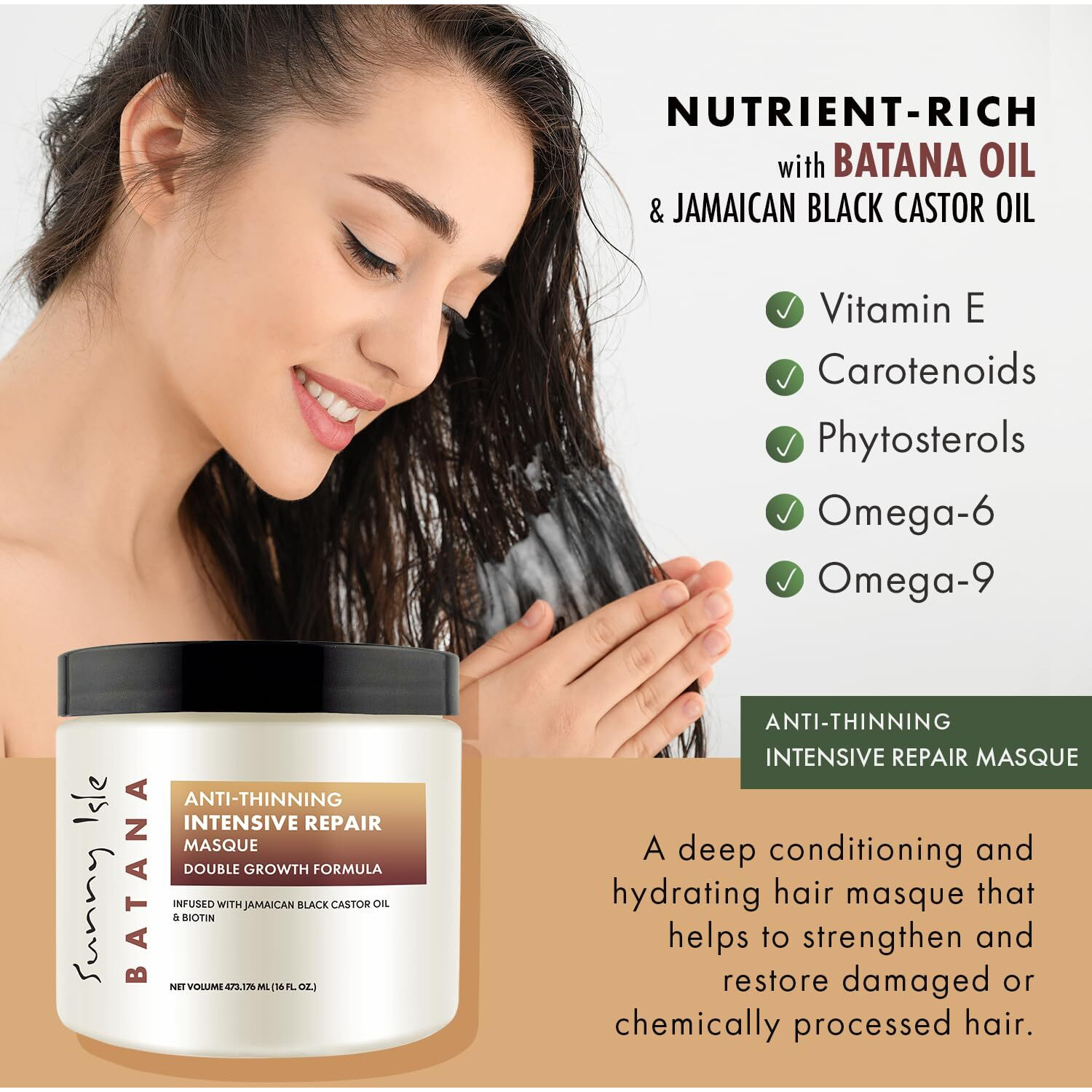 Sunny Isle Batana Anti-Thinning Intensive Repair Masque 16Oz Infused With Biotin And Jamaican Black Castor Oil | Double Growth Formula