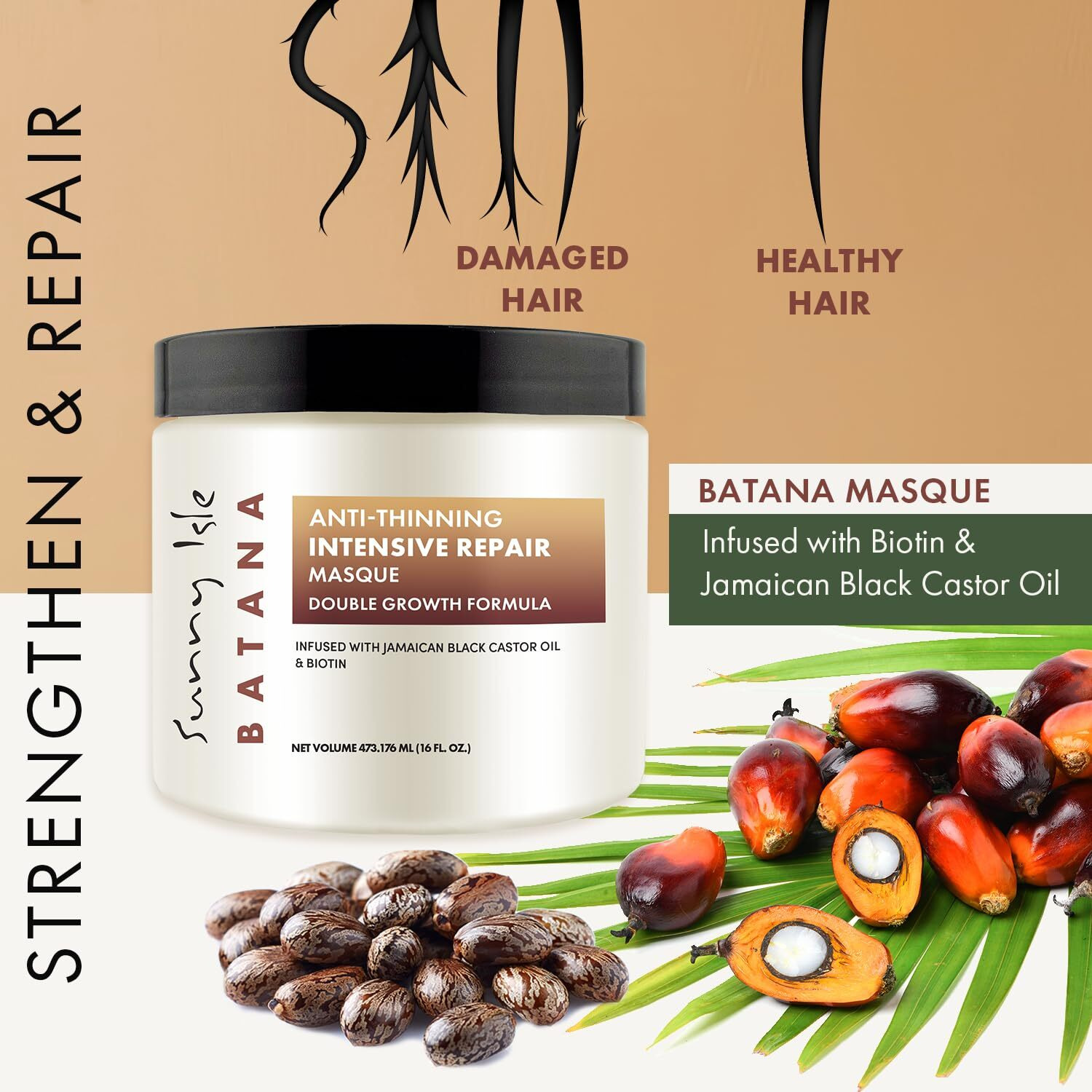 Sunny Isle Batana Anti-Thinning Intensive Repair Masque 16Oz Infused With Biotin And Jamaican Black Castor Oil | Double Growth Formula