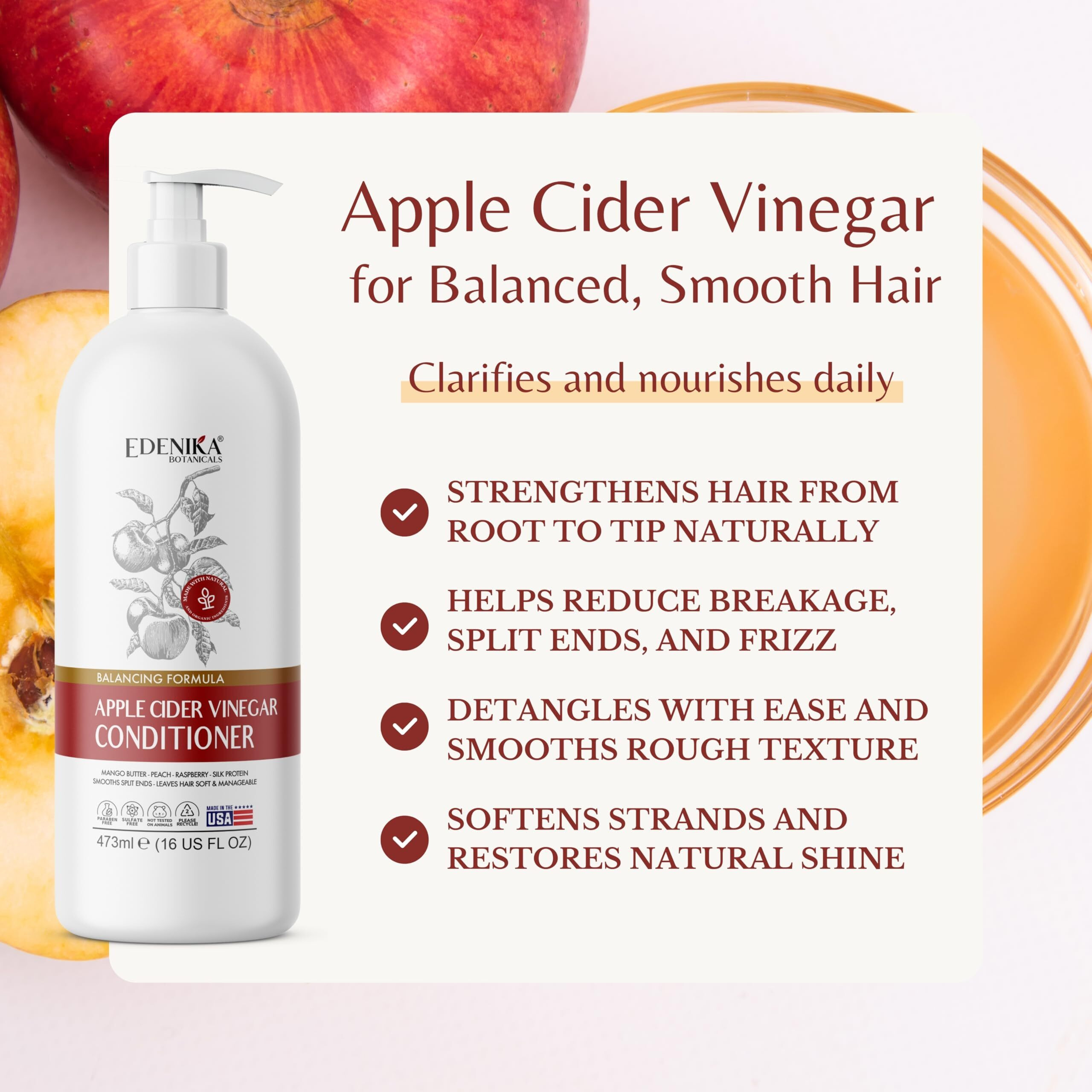 Edenika Botanicals Apple Cider Vinegar Conditioner Infused With Peach & Raspberry Oil, Hair Detangler & Hydration, Acv Hair/Scalp Ph Balancing, For Locs & Curly, All Hair Types, Sulfate-Free, 16 Fl Oz