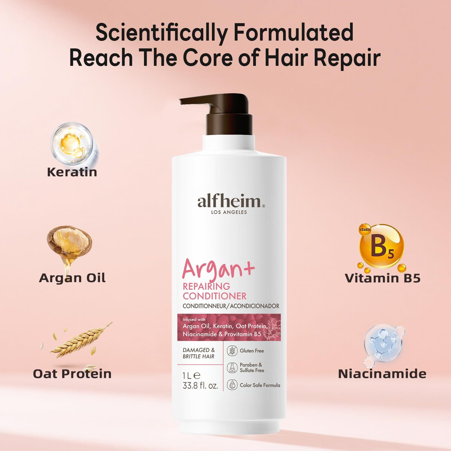 Alfheim Argan+ Repairing Conditioner | Smooths Frizz & Prevents Breakage | Infused With Argan Oil, Keratin & Niacinamide For Dry, Damaged & Over-Processed Hair | Sulfate & Paraben-Free | 33.8 Fl Oz