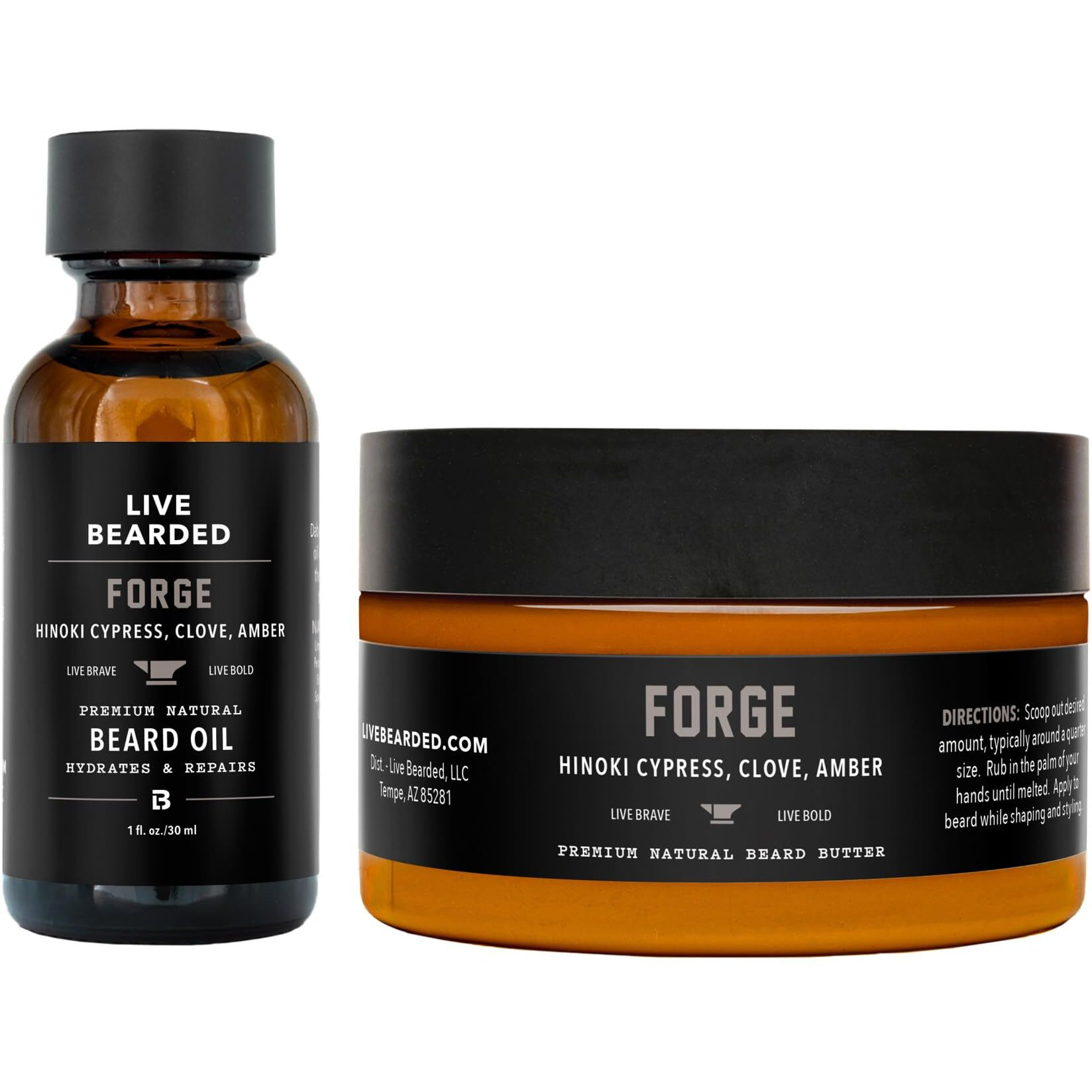 Live Bearded Beard Oil And Butter Grooming Kit - Made In The Usa - All-Natural Ingredients With Shea, Argan, Jojoba - Growth Support | Forge Scent - Hinoki Cypress, Clove, Amber