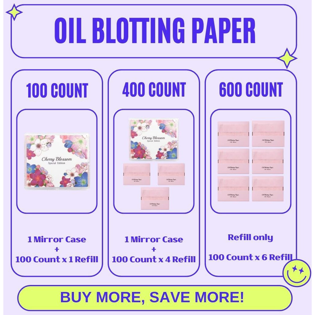 [600 Counts Refills Only] Cherry Blossom Natural Oil Blotting Sheets For Face With Mirror Case And Refills