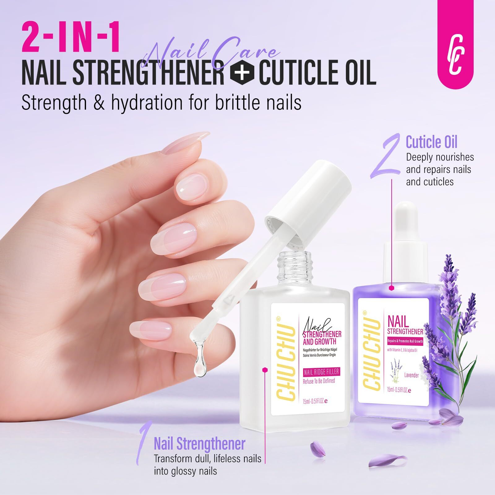 Nail Care Set With Strengthener And Cuticle Oil Clear Nail Hardener And Lavender Oil - Repair & Growth Treatment For Weak Damaged Nails - For Women Beginners Professionals Home Manicure Travel