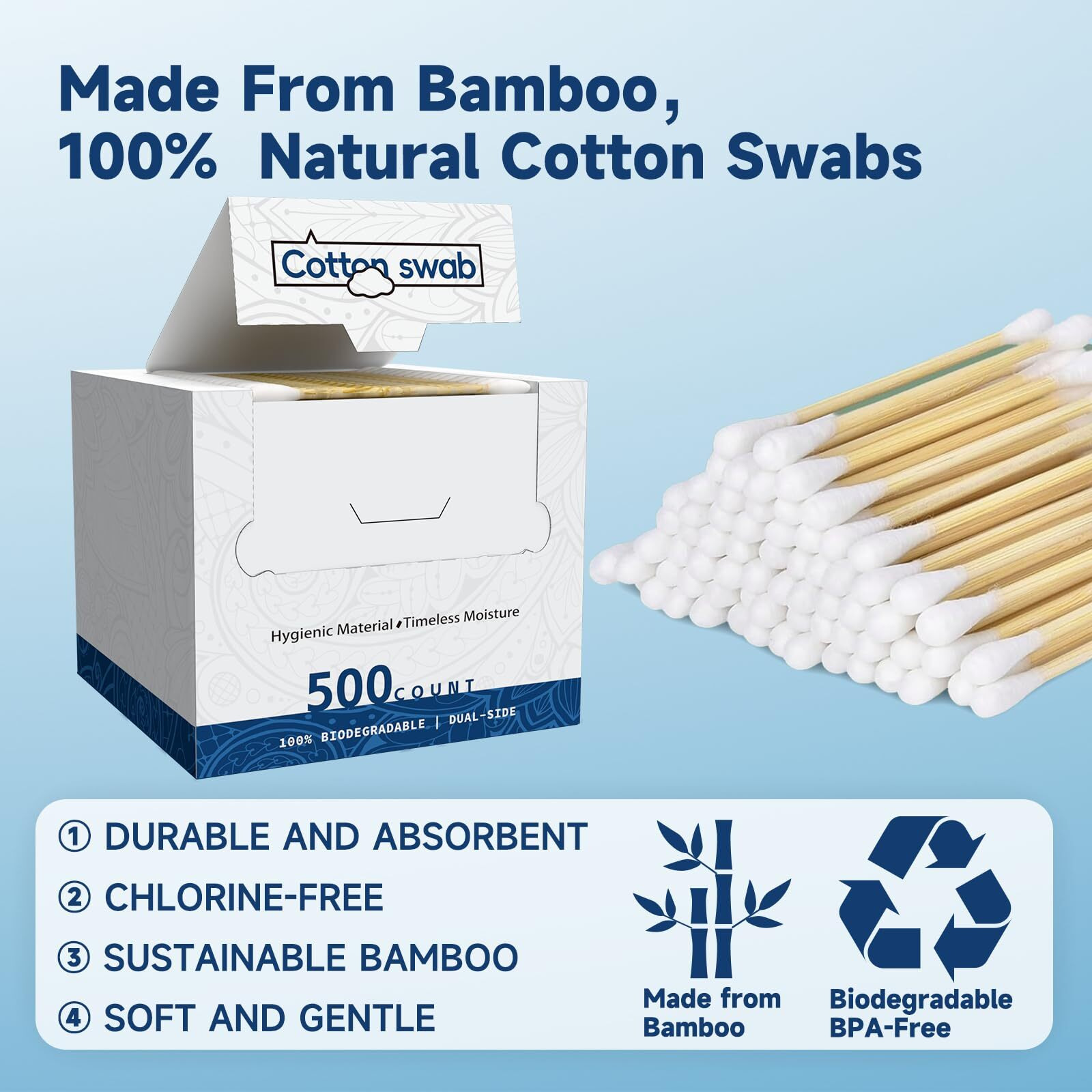 500 Count Cotton Swabs, Bamboo Cotton Swab For Eye Ears Oil Makeup, Lint Free Double Tipped Natural Cotton Buds, Cleaning With Wood Handle Remove Dust And Dirt, 500 Count (Pack Of 2)