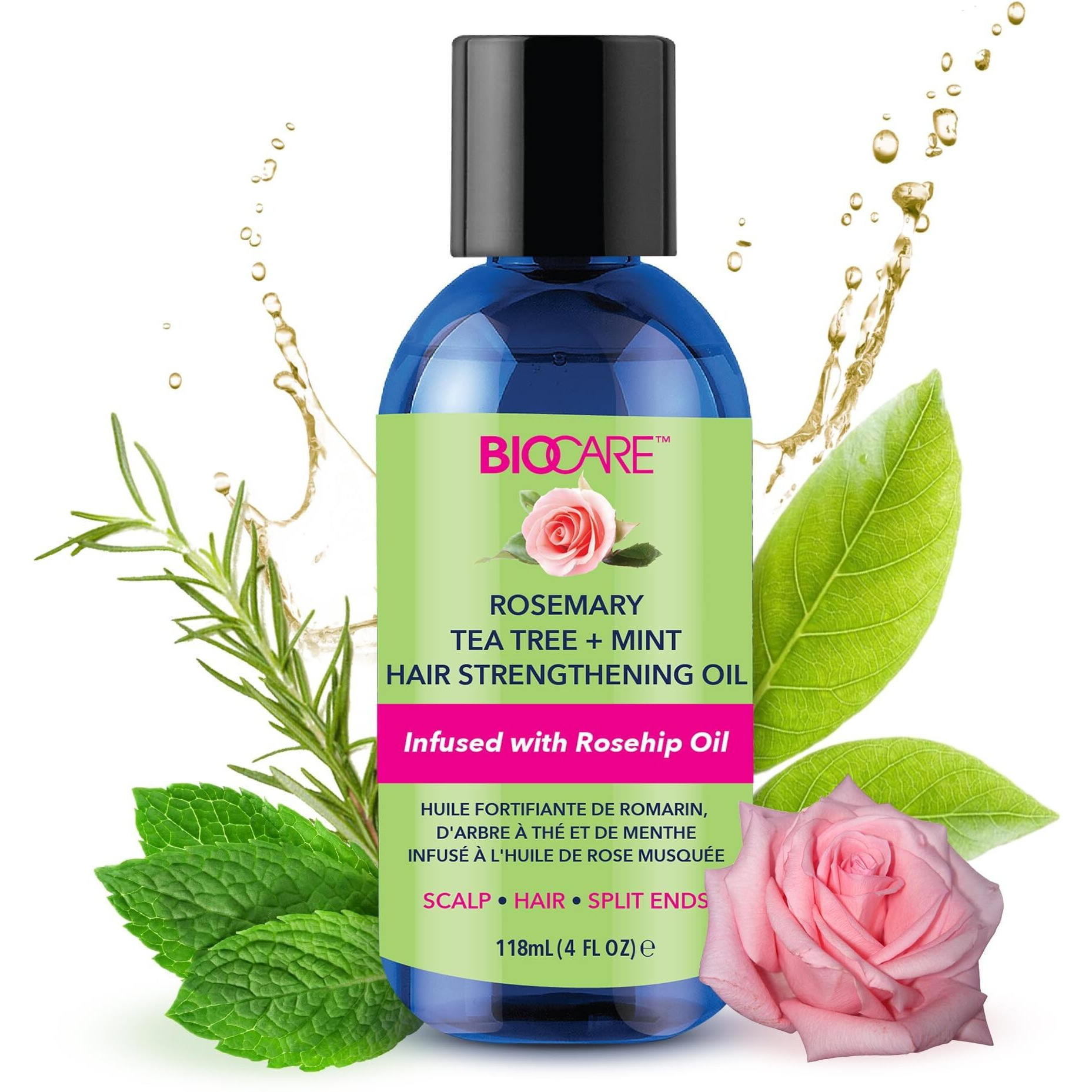 Biocare Rosemary Tea Tree + Mint Hair Strengthening Oil 4Oz - Super Growth & Moisture, Essential Oils For Dry Scalp, Split Ends & Hair Growth, Scalp Stimulator, Anti-Frizz, Hair Thickening