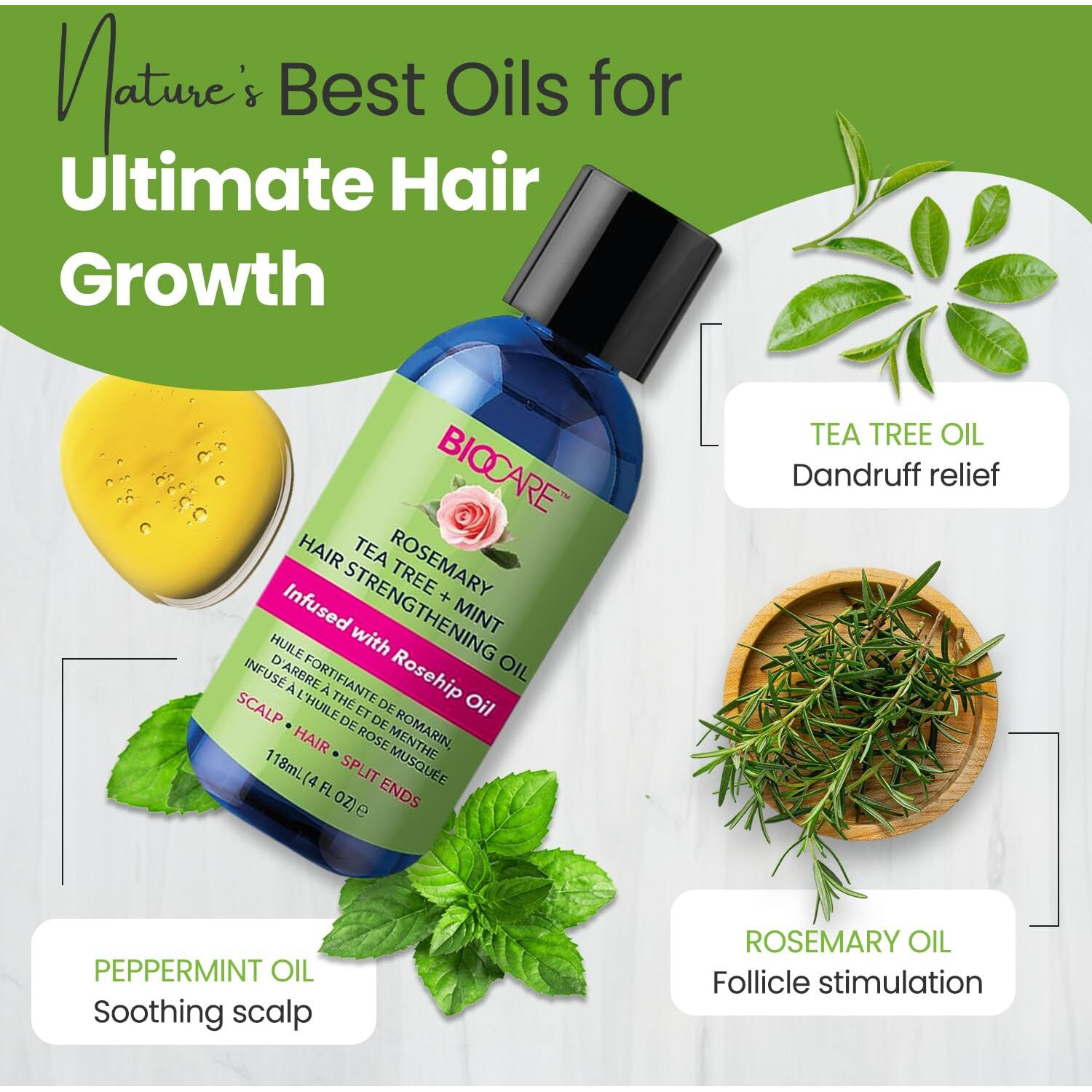 Biocare Rosemary Tea Tree + Mint Hair Strengthening Oil 4Oz - Super Growth & Moisture, Essential Oils For Dry Scalp, Split Ends & Hair Growth, Scalp Stimulator, Anti-Frizz, Hair Thickening
