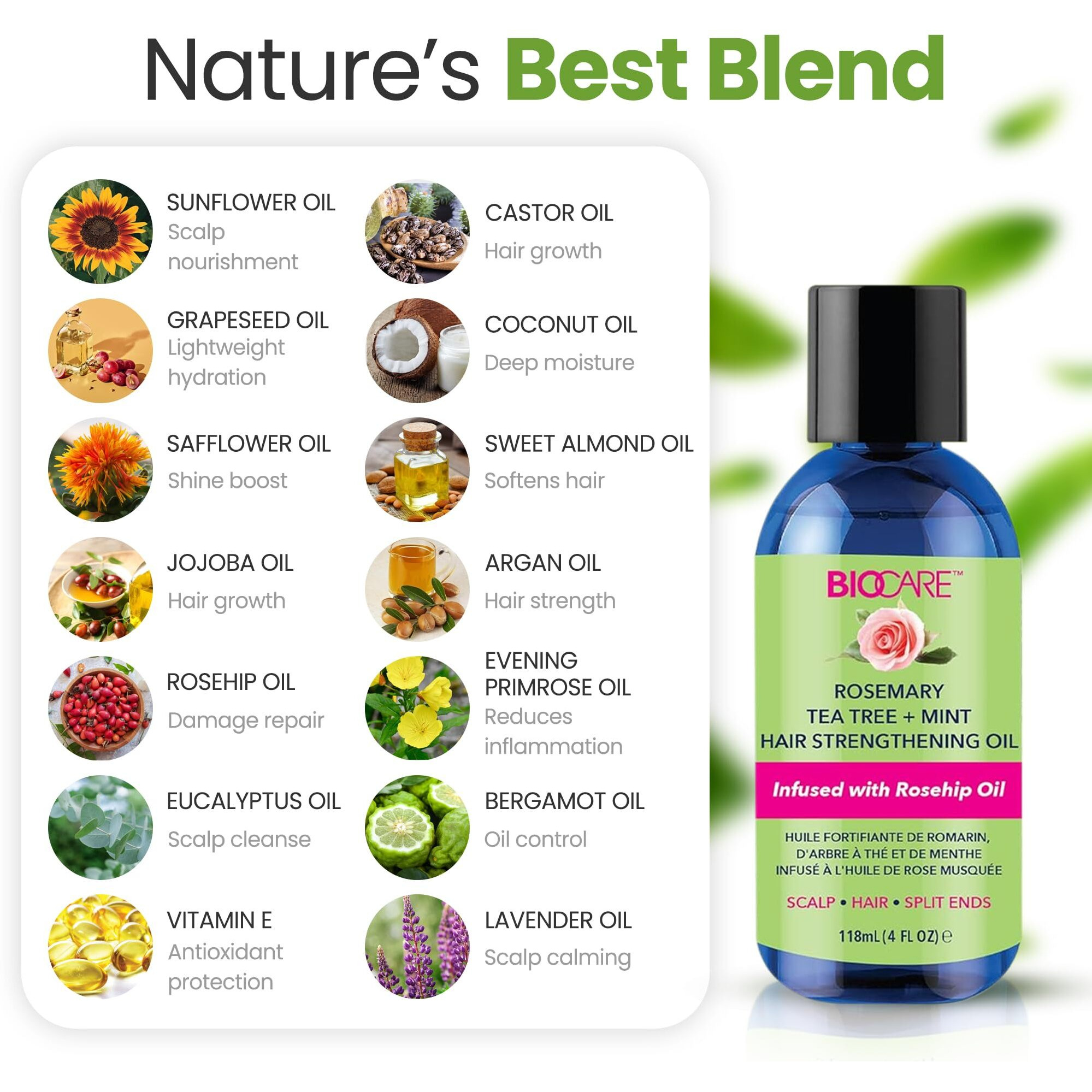 Biocare Rosemary Tea Tree + Mint Hair Strengthening Oil 4Oz - Super Growth & Moisture, Essential Oils For Dry Scalp, Split Ends & Hair Growth, Scalp Stimulator, Anti-Frizz, Hair Thickening