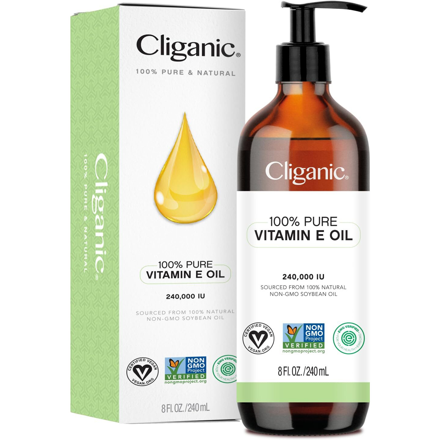 Cliganic 100% Pure Vitamin E Oil For Skin, Hair & Face 240,000 Iu (8Oz), Non-Gmo Verified | Natural D-Alpha Tocopherol