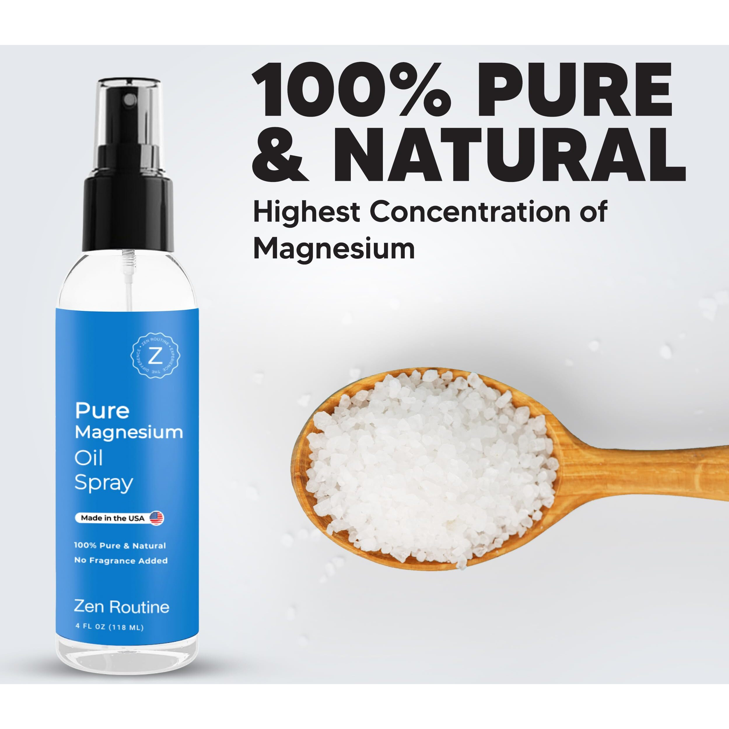 Pure Magnesium Oil Spray - 4Oz (Single) Organic Usp Grade, Topical Magnesium Spray For Feet, Leg Cramps, Weight Management, Aceite De Magnesio, Natural Salt & Ancient Minerals - Made In The Usa
