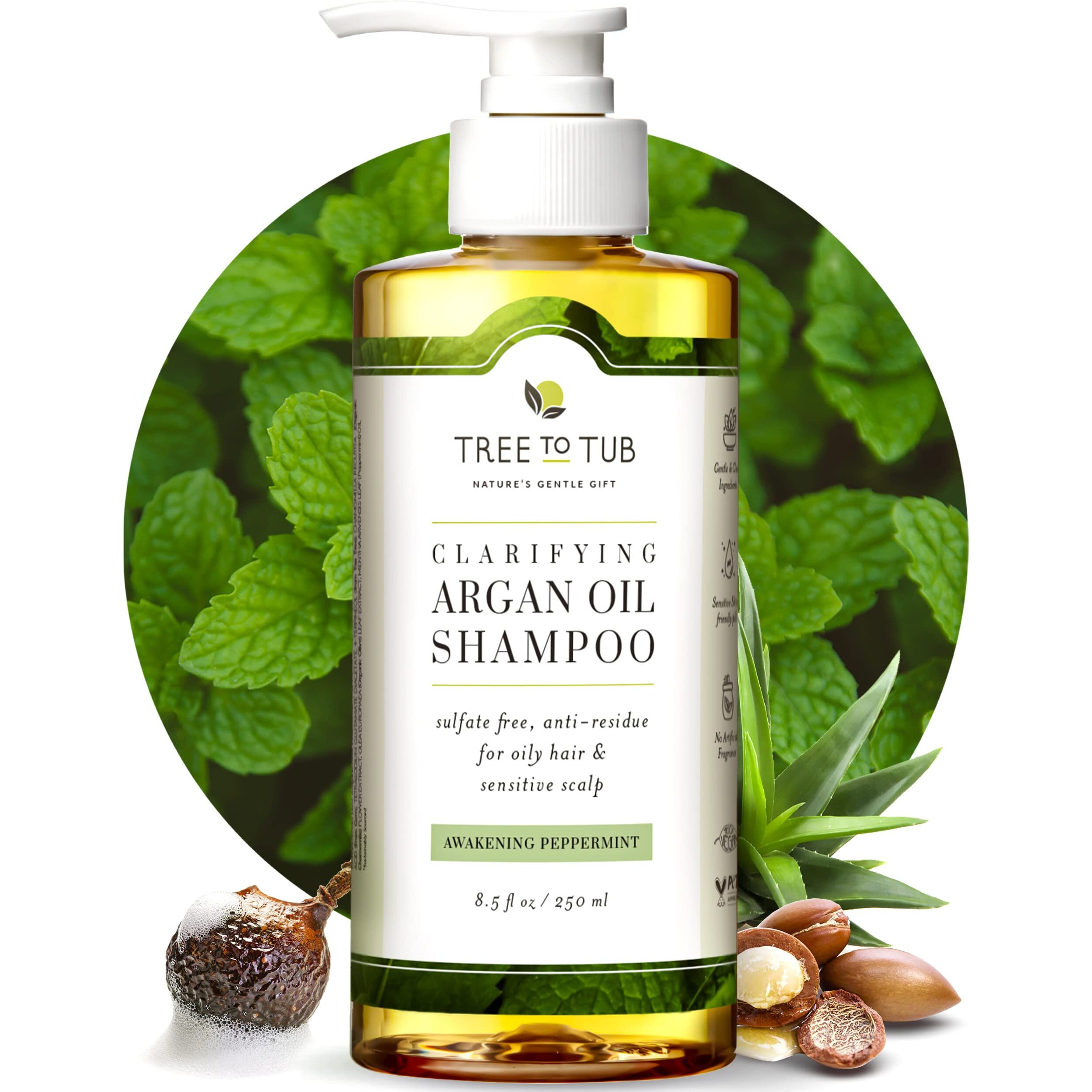 Tree To Tub Peppermint Shampoo For Oily Hair & Sensitive Scalp - Gentle Clarifying Shampoo For Build Up, Sulfate Free Anti Residue Hair Shampoo For Women & Men W/Organic Argan Oil, Natural Aloe Vera