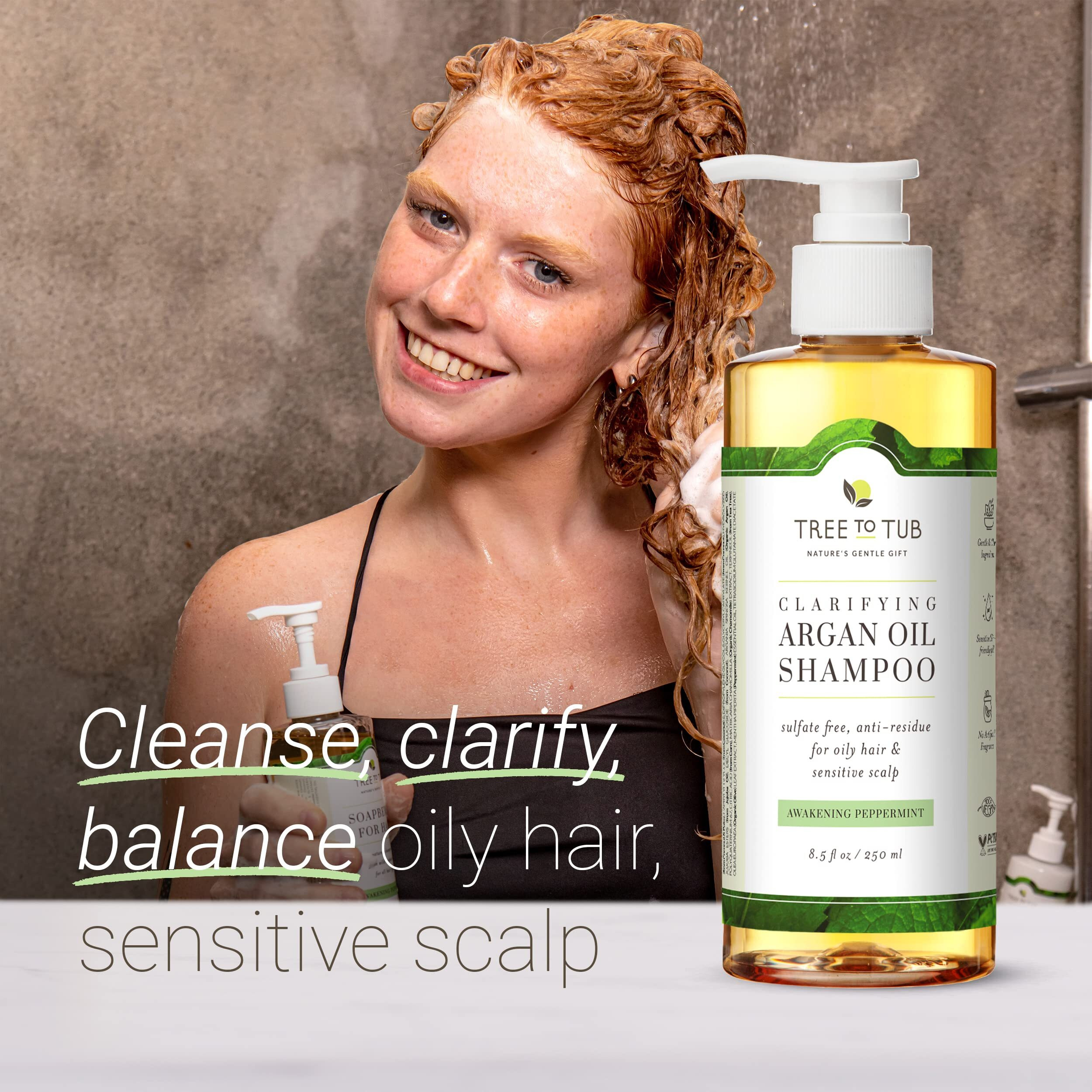 Tree To Tub Peppermint Shampoo For Oily Hair & Sensitive Scalp - Gentle Clarifying Shampoo For Build Up, Sulfate Free Anti Residue Hair Shampoo For Women & Men W/Organic Argan Oil, Natural Aloe Vera