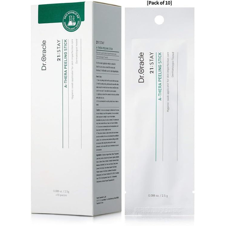 Dr.Oracle 21 Stay A-Thera Peeling Stick For Sensitive Skin - Aha, Bha, Tea Tree Oil, Exfoliating Swabs For Blackheads, Whiteheads, Enlarged Pores, Korean Skincare, Dermatologist Tested, 1Pack Of 10Ea