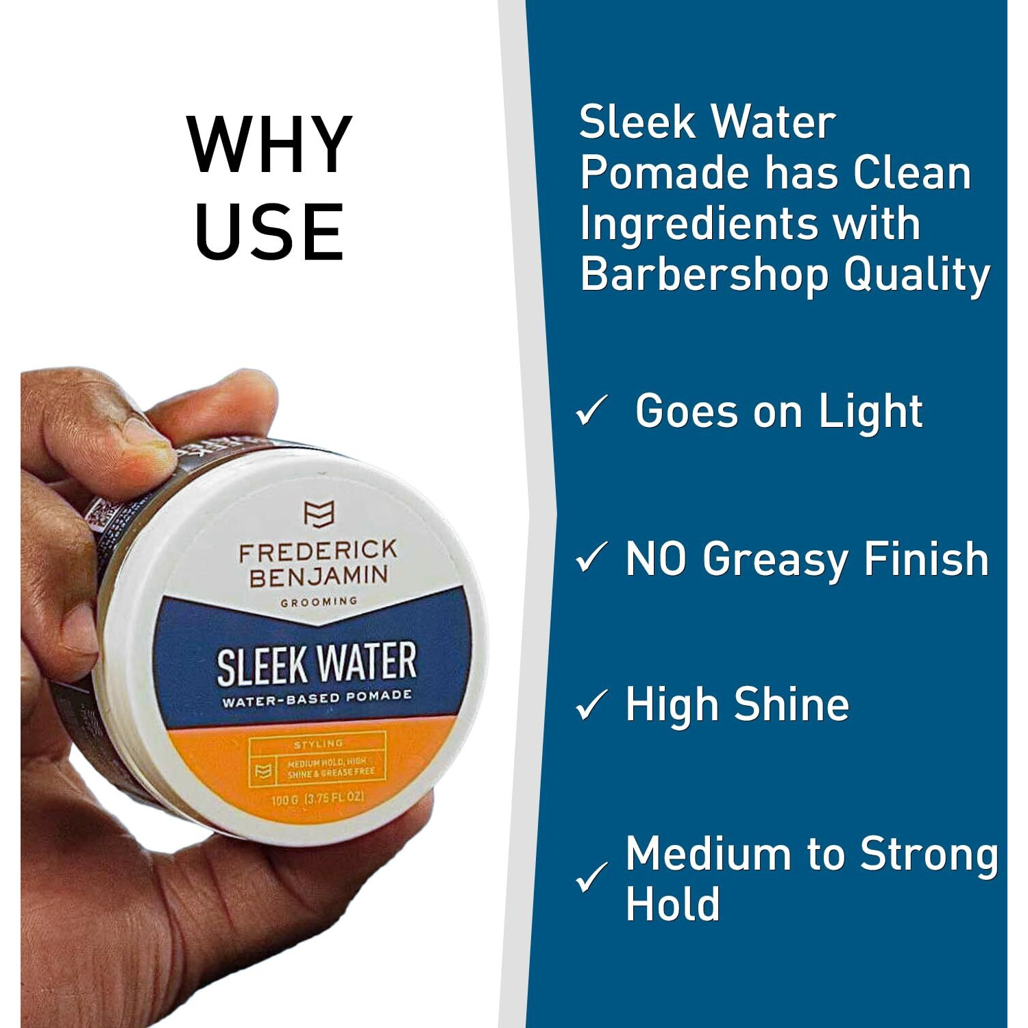 Frederick Benjamin Sleek Water Pomade For Men, Light & Easy To Apply Water Based Hair Pomade, Medium To Strong Hold, High Shine, Grease Free, Infused With Argan Oil & More, 3.75Oz