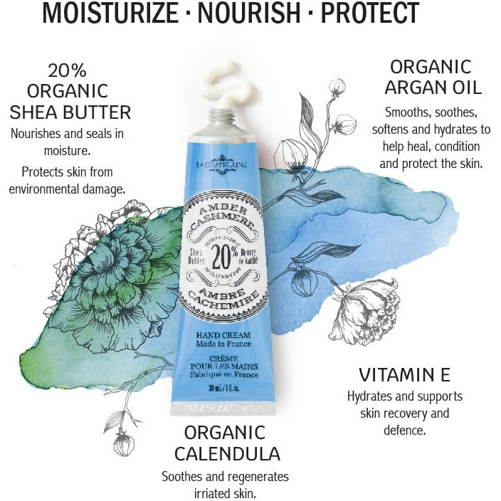 La Chatelaine 20% Shea Butter Hand Cream, Travel Size, Organic Argan Oil, Moisturizing, Nourishing, Repairing, Extra Rich, Non-Greasy, Made In France, Paraben Free, 1 Oz/ 30Ml - Amber Cashmere