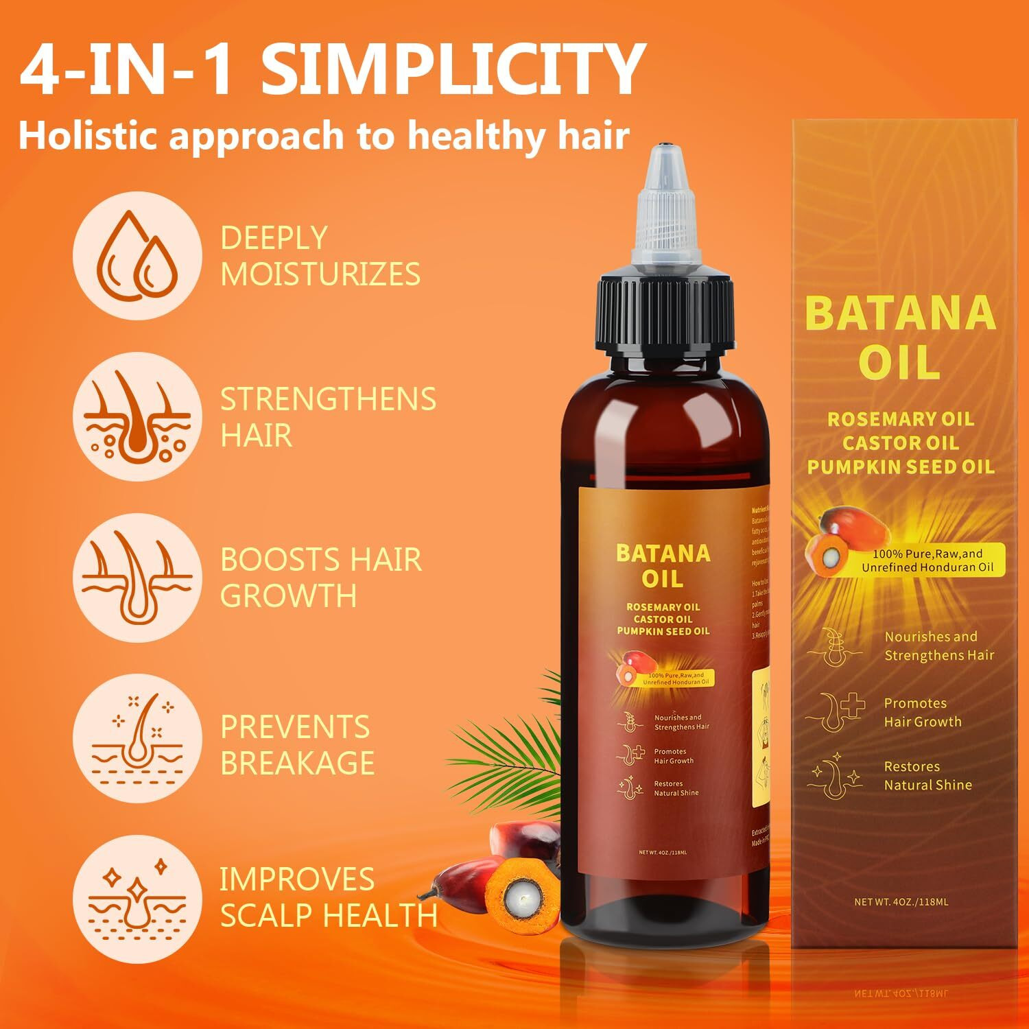 Natural Batana Oil For Hair Growth,Batana Oil, Rosemary,Castor Oil,Pumpkin Seed Oil,4In1 Liquid Batana Hair Oil For All Hair Types (1Pcs)