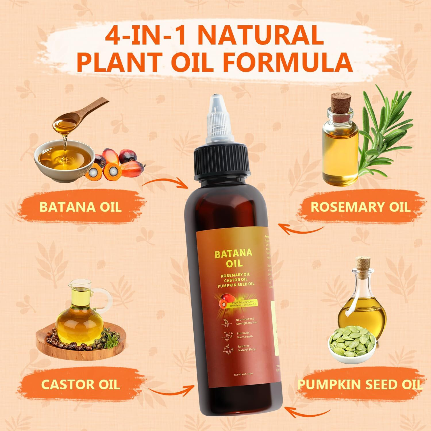 Natural Batana Oil For Hair Growth,Batana Oil, Rosemary,Castor Oil,Pumpkin Seed Oil,4In1 Liquid Batana Hair Oil For All Hair Types (1Pcs)