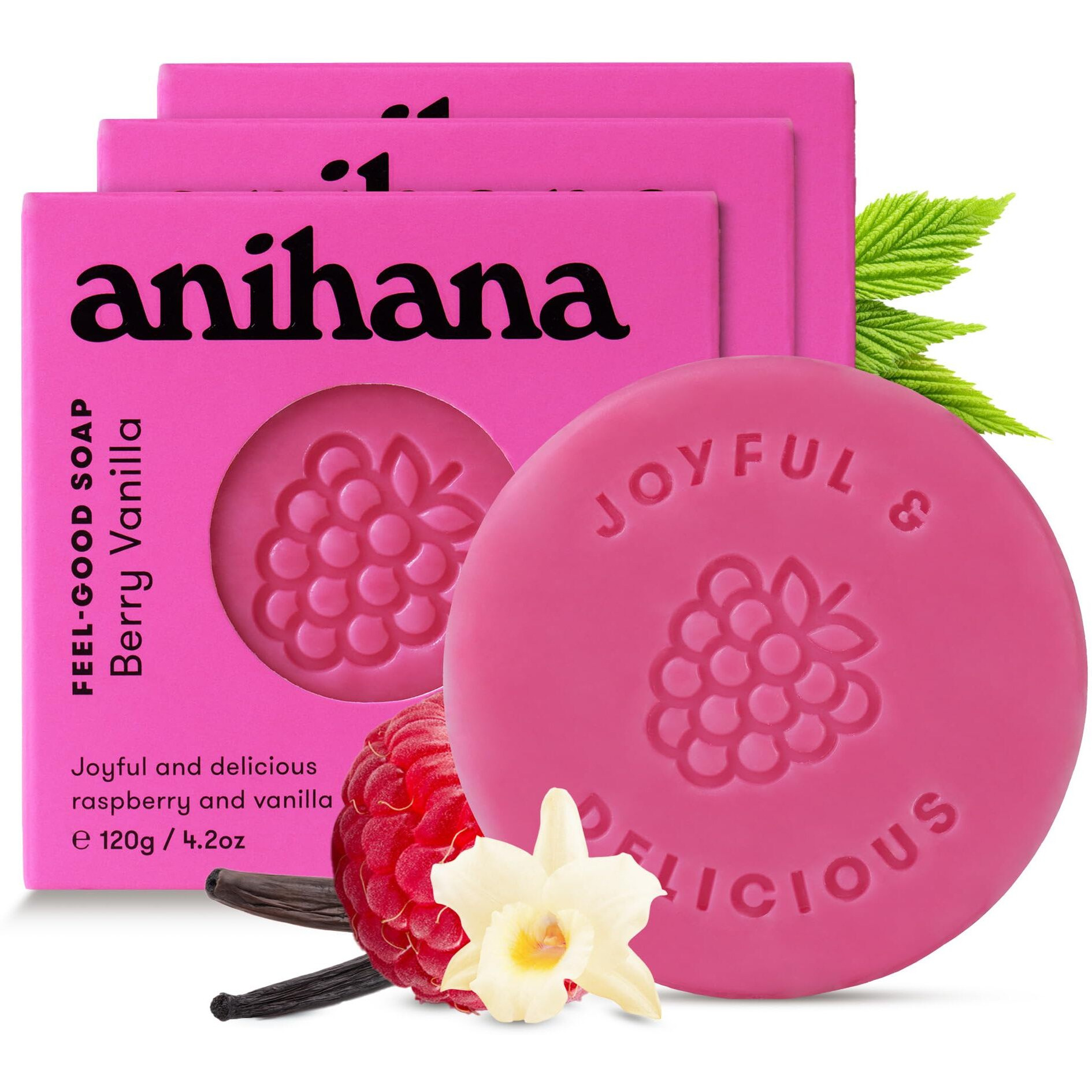 Anihana Feel-Good Soap 3 Pack With Coconut Oil And Shea Butter, Gentle Cleansing, Paraben Free, Cruelty Free, Refreshing Berry Vanilla Scent, 4.2 Oz Each