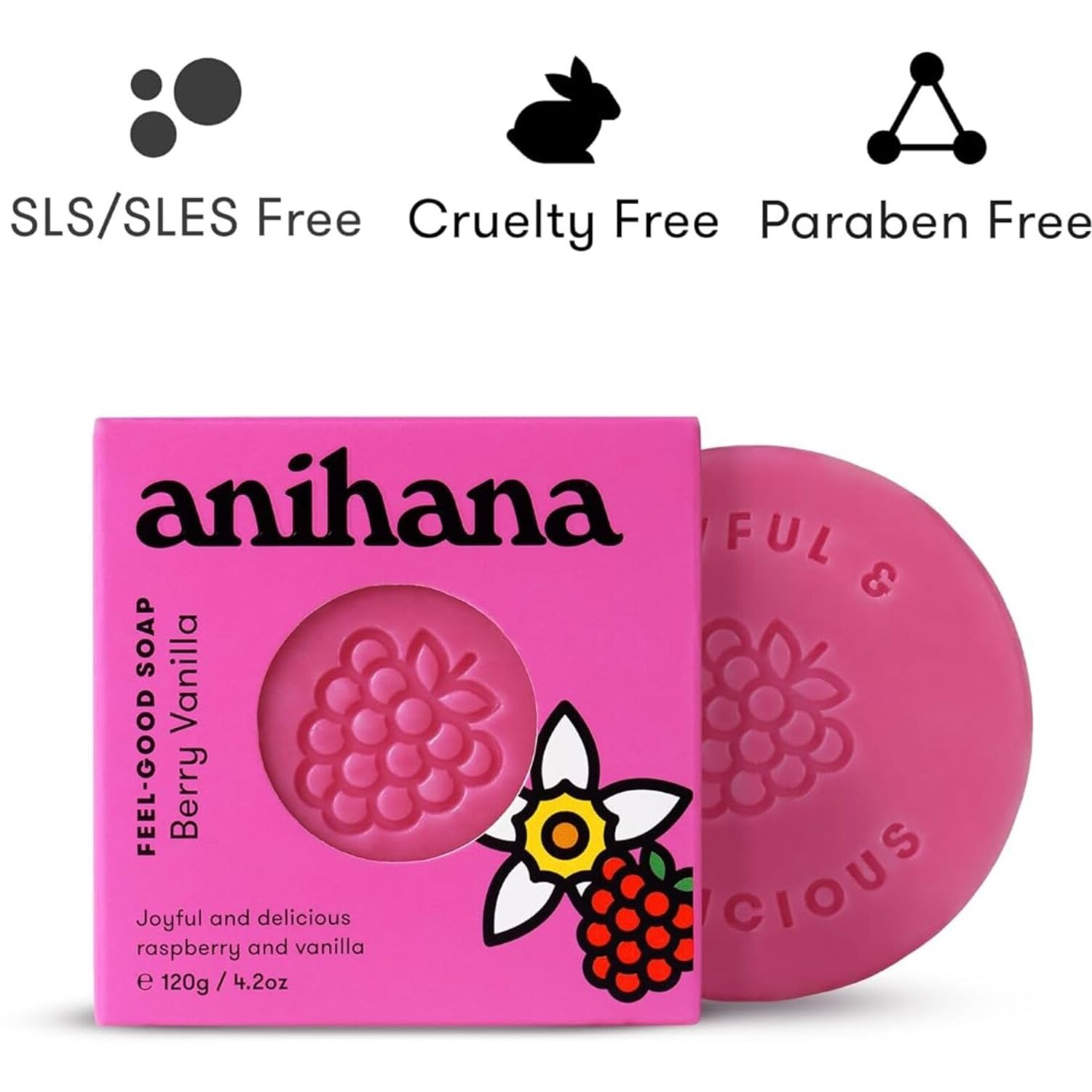 Anihana Feel-Good Soap 3 Pack With Coconut Oil And Shea Butter, Gentle Cleansing, Paraben Free, Cruelty Free, Refreshing Berry Vanilla Scent, 4.2 Oz Each
