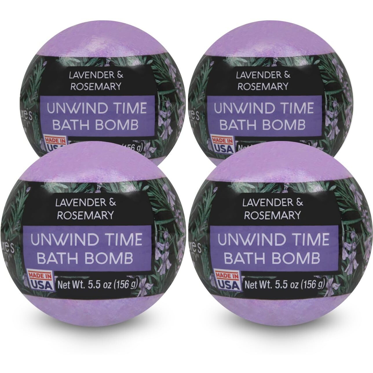 Nature's Beauty Lavender & Rosemary Bath Bomb Multi-Pack - Luxury Fizzy Spa Bath Bomb To Help Calm, Soothe + Revive Dull And Dry Skin Made With Coconut Oil & Witch Hazel, 5.5 Oz (4 Pack)