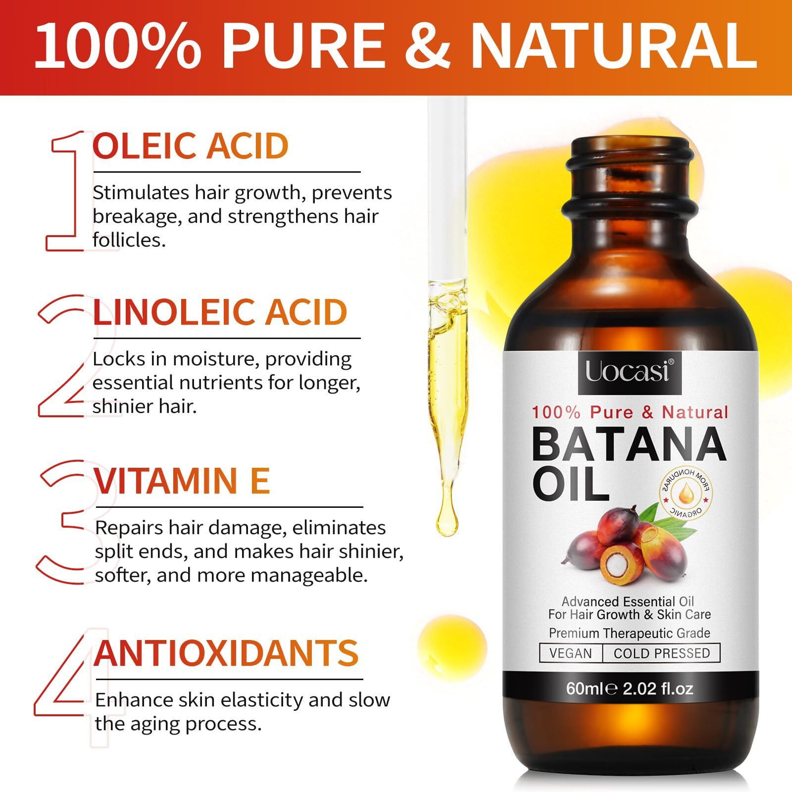 Uocasi Batana Oil For Hair Growth, Raw Unrefined Batana Oil, Stimulates Growth, Thickens Strands, Prevent Dry Hair & Hair Loss, 2.02 Oz