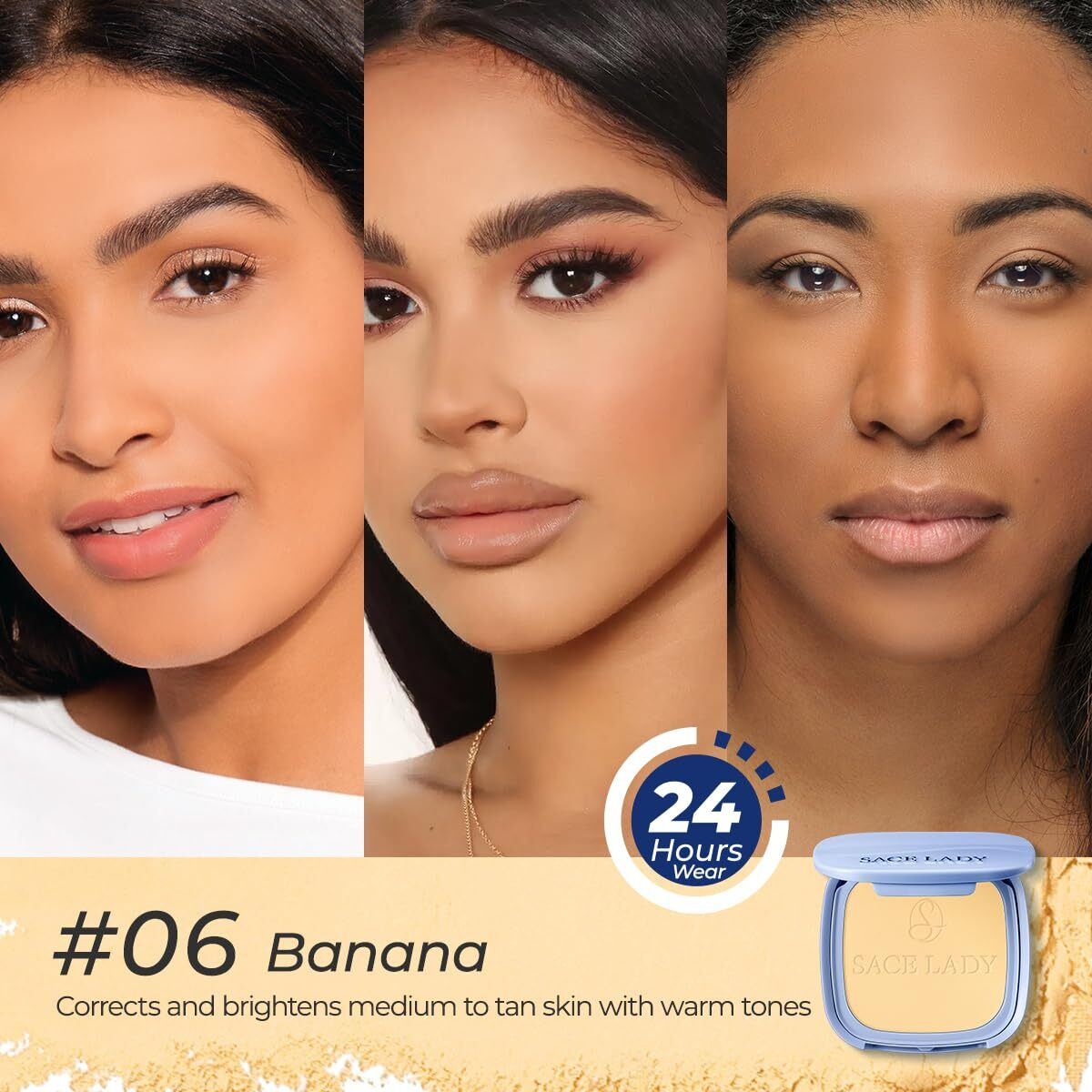Sace Lady Face Powder Waterproof Setting Makeup, Talc-Free Oil Control Pressed Powder Compact For Women, Blurring Pores Matte Long Lasting Up To 24 Hours, Cruelty-Free (06 Banana, 0.35Oz)