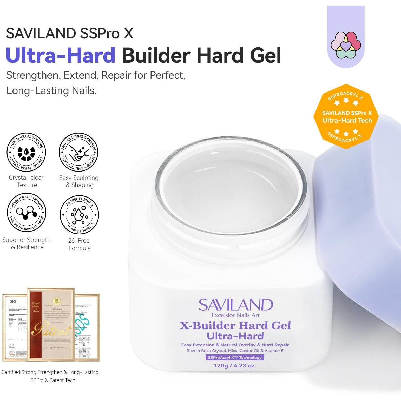 Saviland Ssprox Ultra Hard Builder Nail Gel 120 G Clear Plant-Based Hard Gel For Nails Mica Vitamin E Castor Oil U V 3D Nail Extension Gel Strengthening & Thickening Diy Home Use