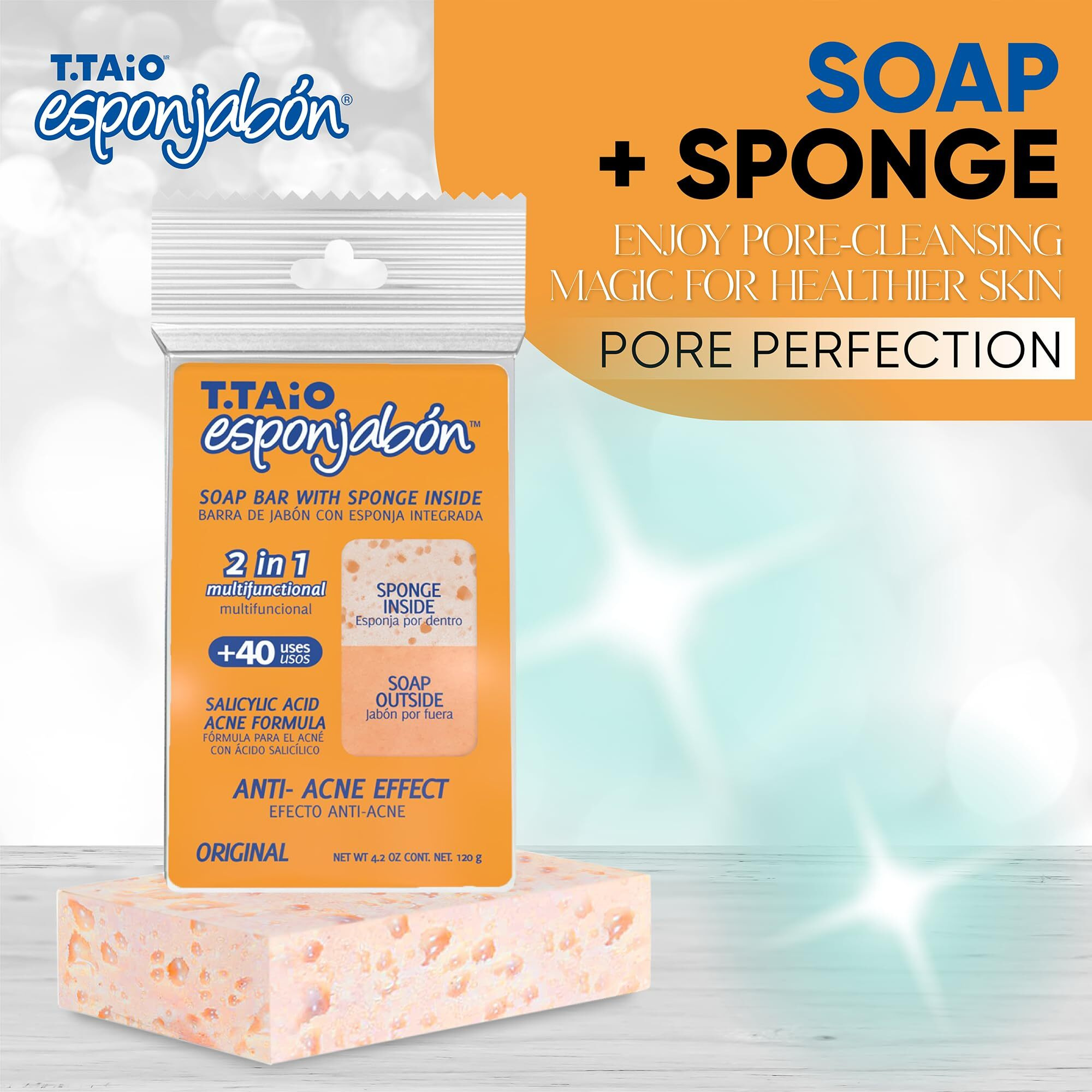 T.Taio Esponjabon Pore-Cleansing Soap Sponge - Cleansing Shower Scrubber - Cleaning Bath Wash Scrub - Oil Removal - Massage & Lather Foot, Elbow, & Face - Bathroom Accessories