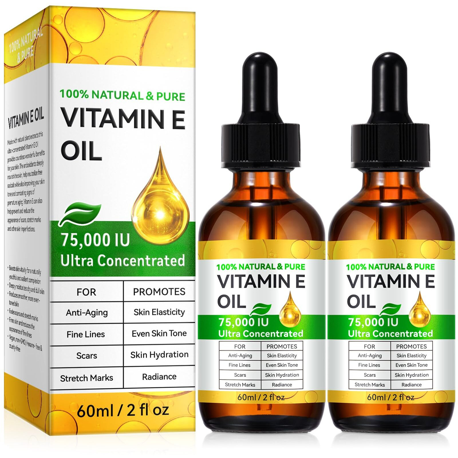Tiuedu 2Pcs Natural Vitamin E Oil For Skin, 75,000 Iu Ultra Concentrated Vitamin E Oil For Face, Hair And Scars, Moisturizing Dry Skin Oils, Promotes Skin Elasticity