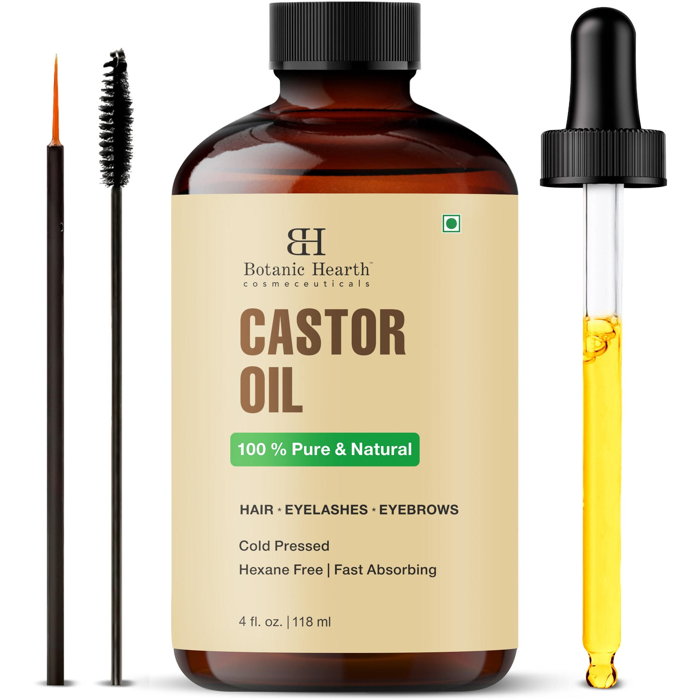 Botanic Hearth Castor Oil (4 Fl Oz Glass Bottle) | 100% Pure & Hexane Free | Cold Pressed | Promotes Growth For Eyelashes, Eyebrows & Hair