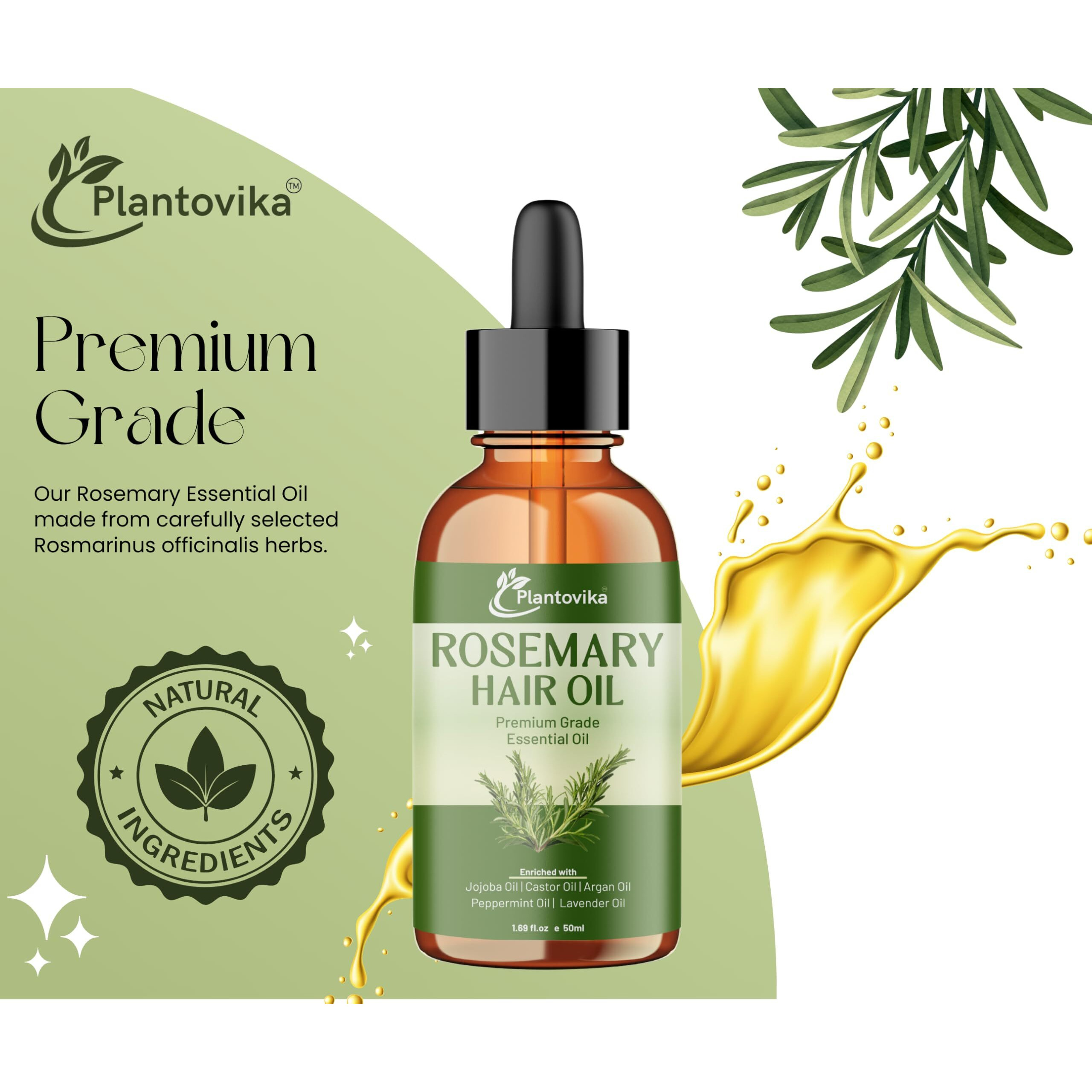 Plantovika Rosemary Oil For Hair Growth, Enriched With Jojoba, Caster, Argan, Peppermint, Lavender Oil | Scalp & Hair Strengthening, Hair Care